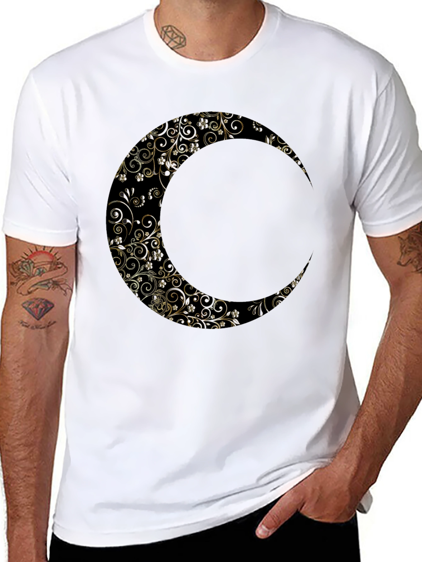 Floral Crescent Moon Graphic Black T-Shirt
