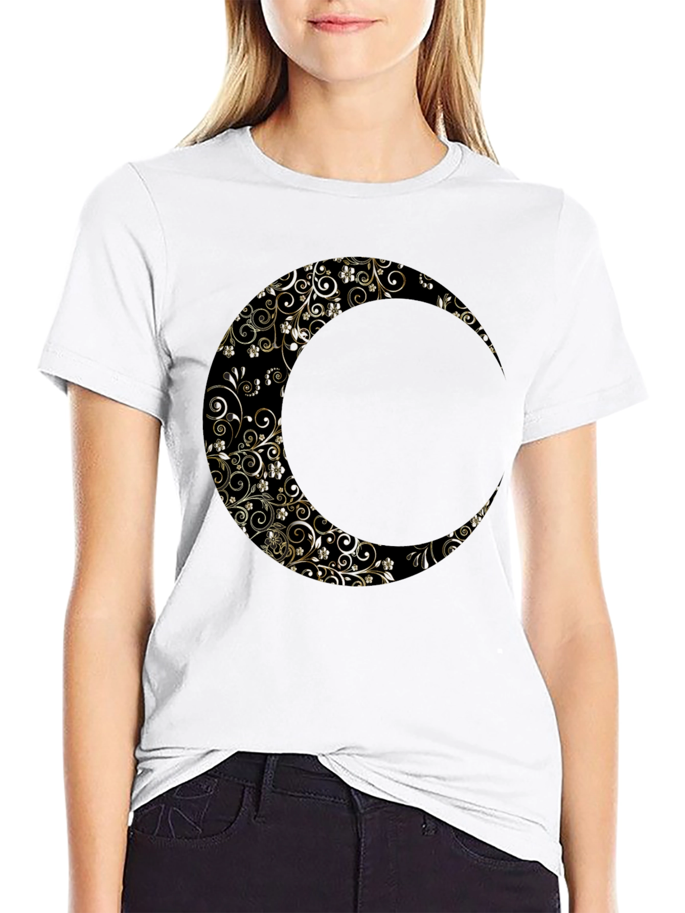Floral Crescent Moon Graphic Black T-Shirt
