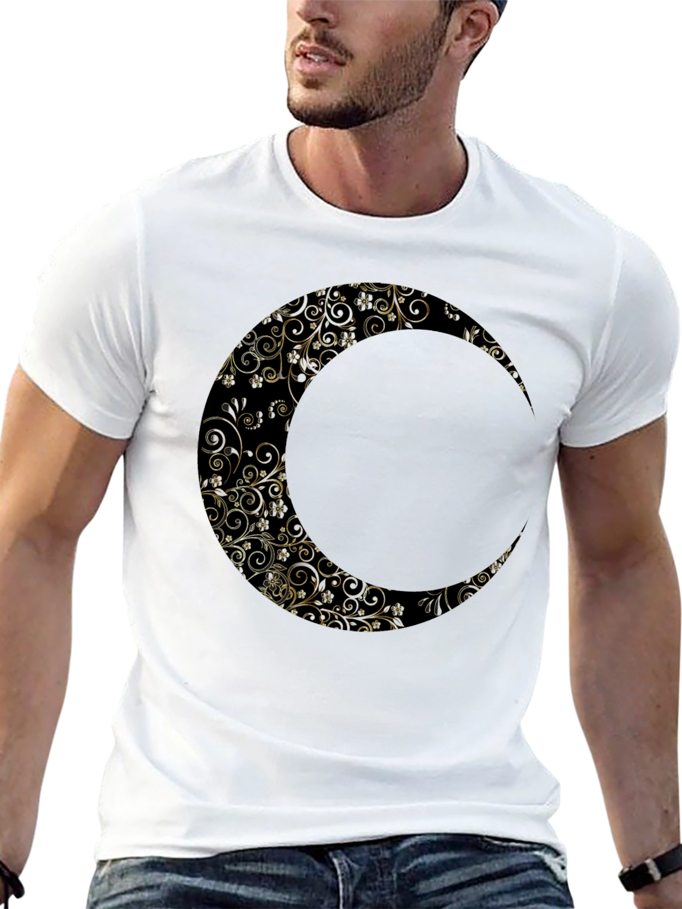 Floral Crescent Moon Graphic Black T-Shirt