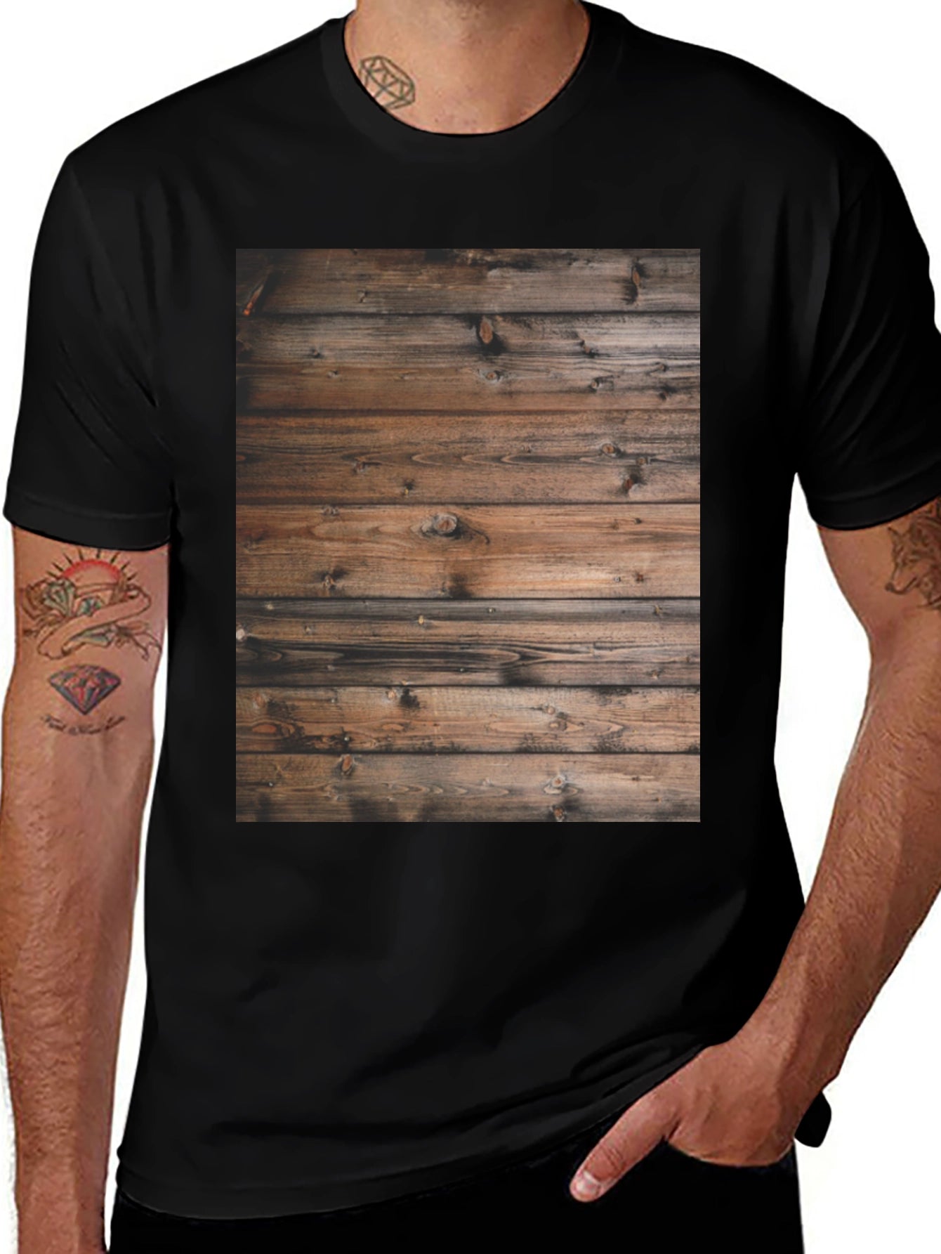 Rustic Wood Grain Tee - Black Casual Comfort