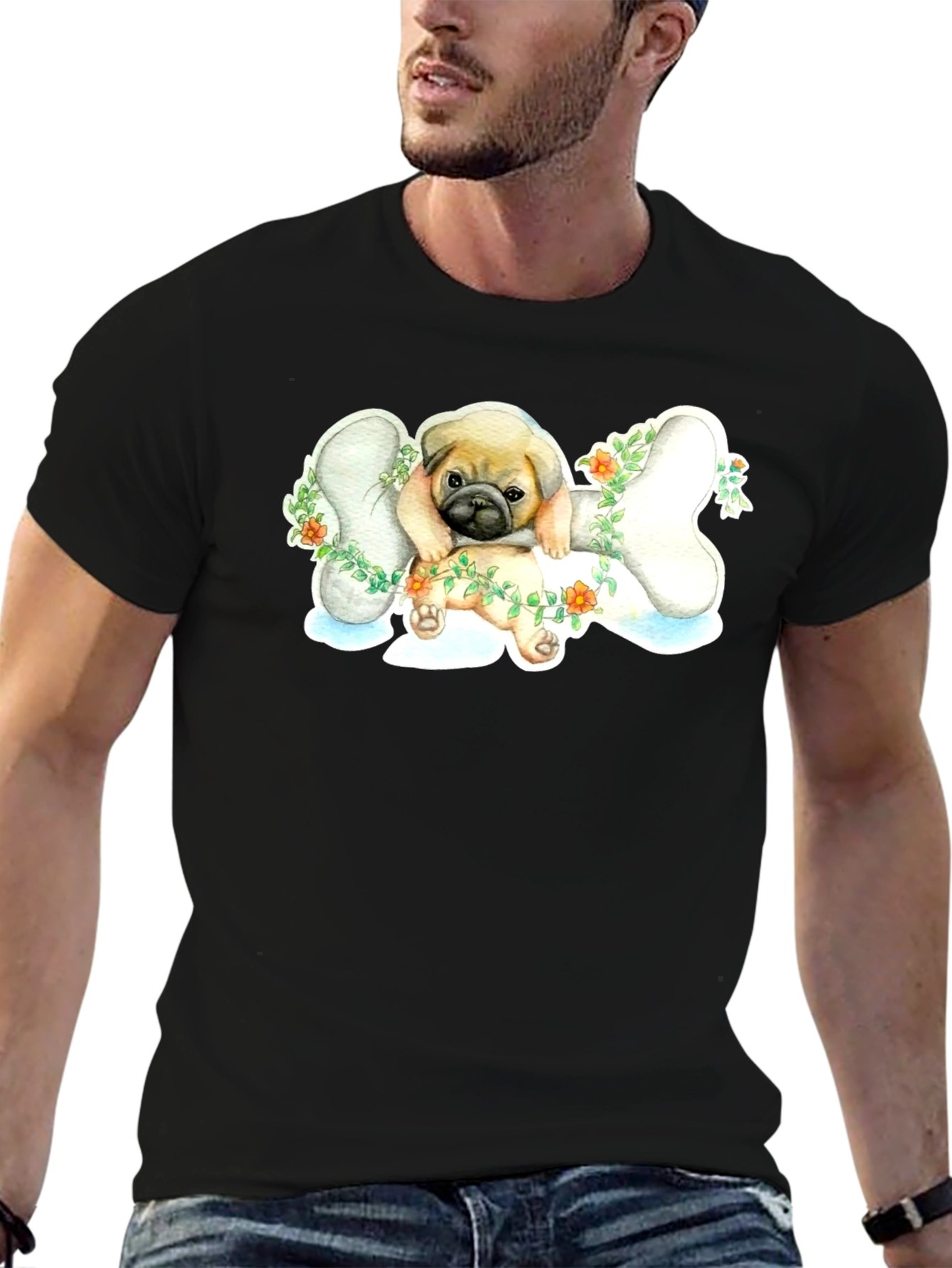 Pug on Bone T-Shirt - Cute Dog Lover Tee