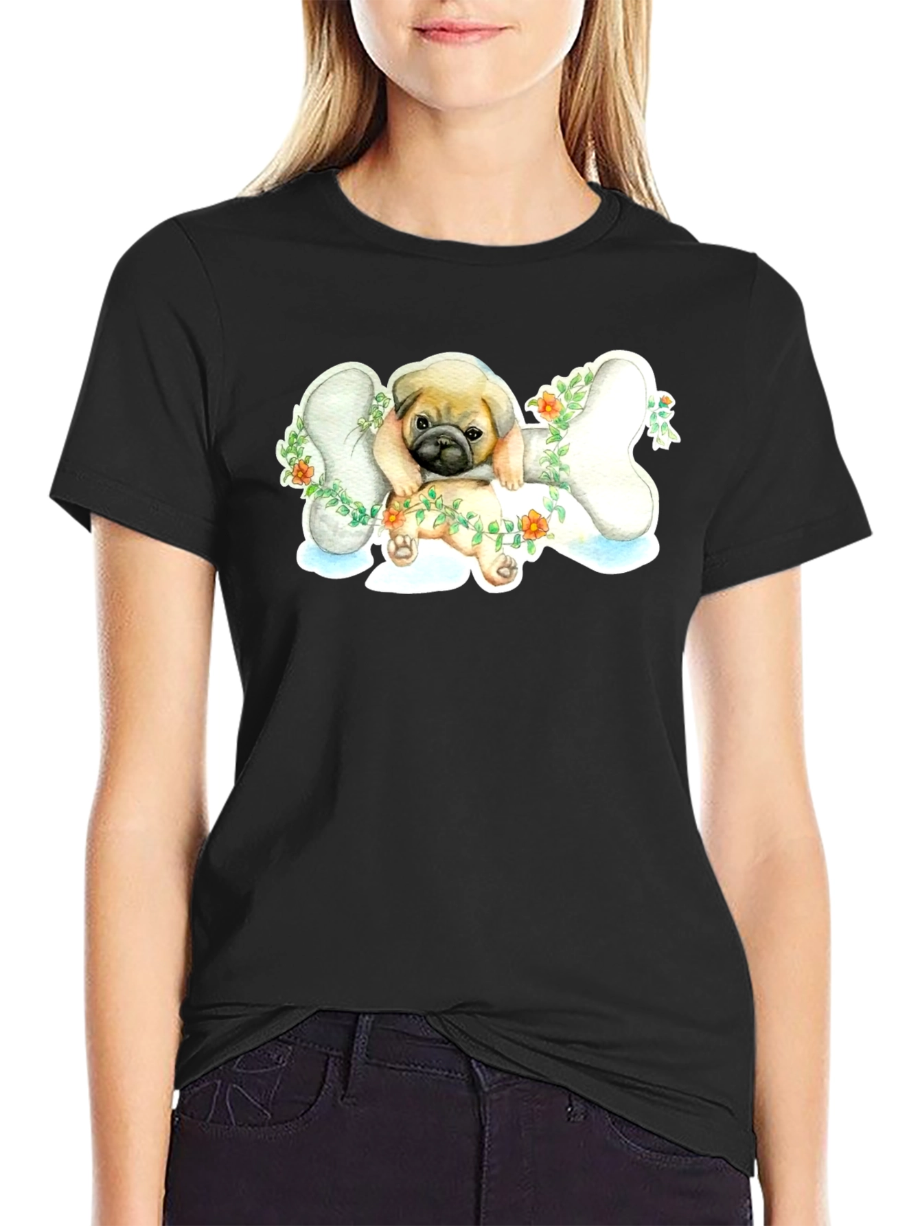 Pug on Bone T-Shirt - Cute Dog Lover Tee