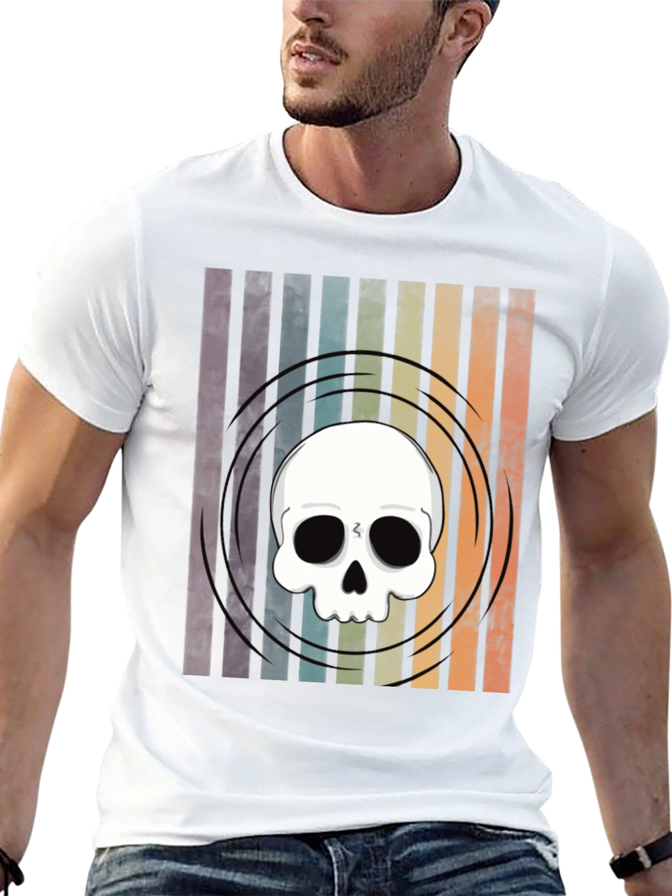 Striped Skull Graphic Tee - Retro Style