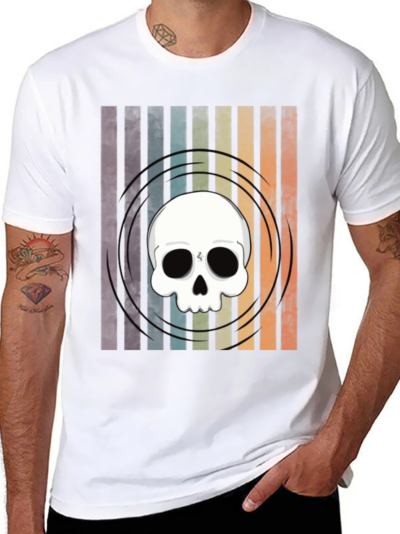 Striped Skull Graphic Tee - Retro Style