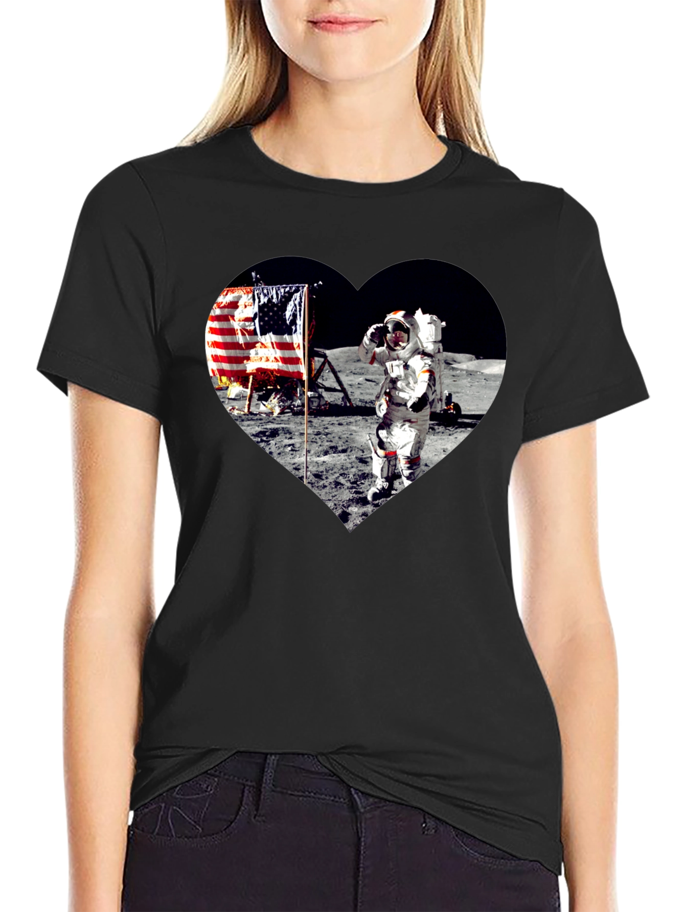 Moon Landing Heart Graphic Black T-Shirt