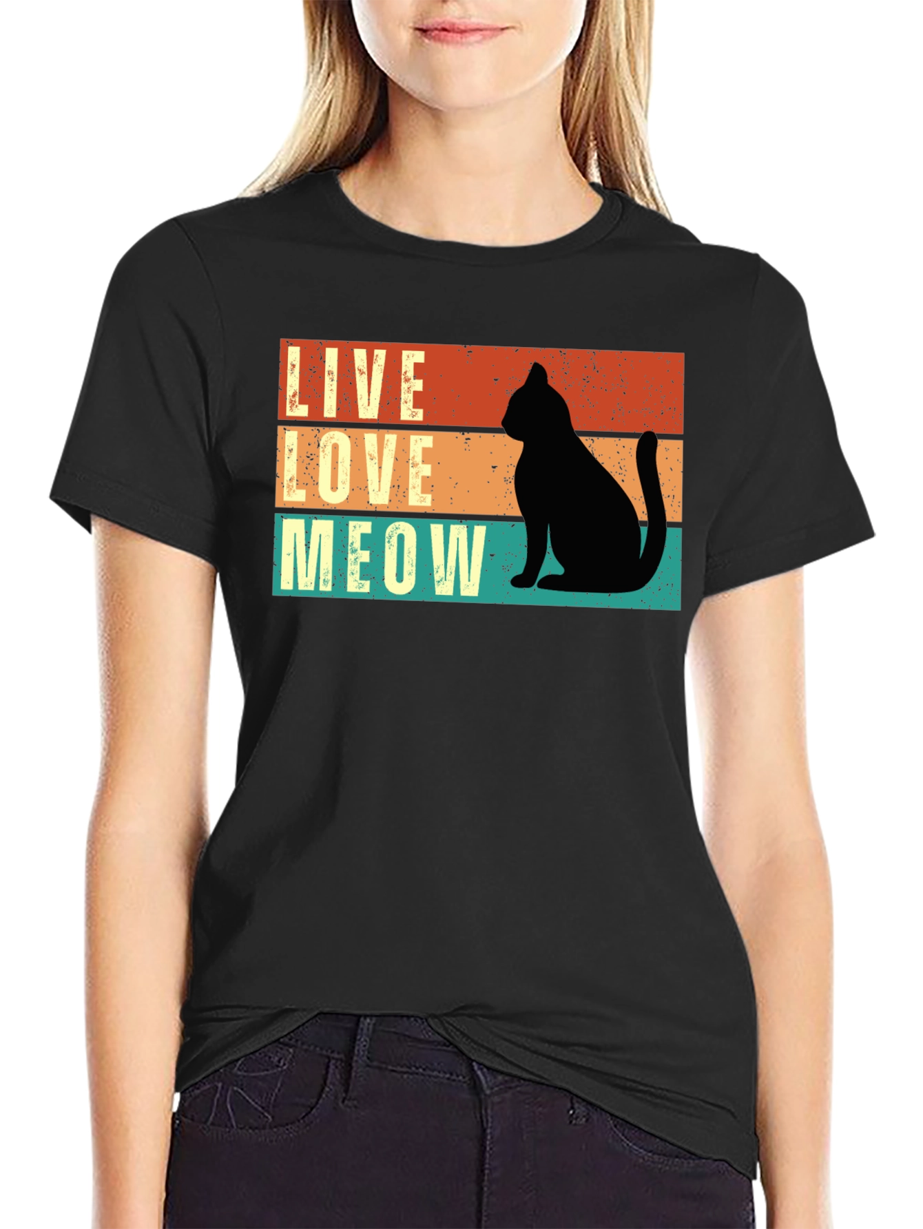Live Love Meow Cat Silhouette Graphic Tee