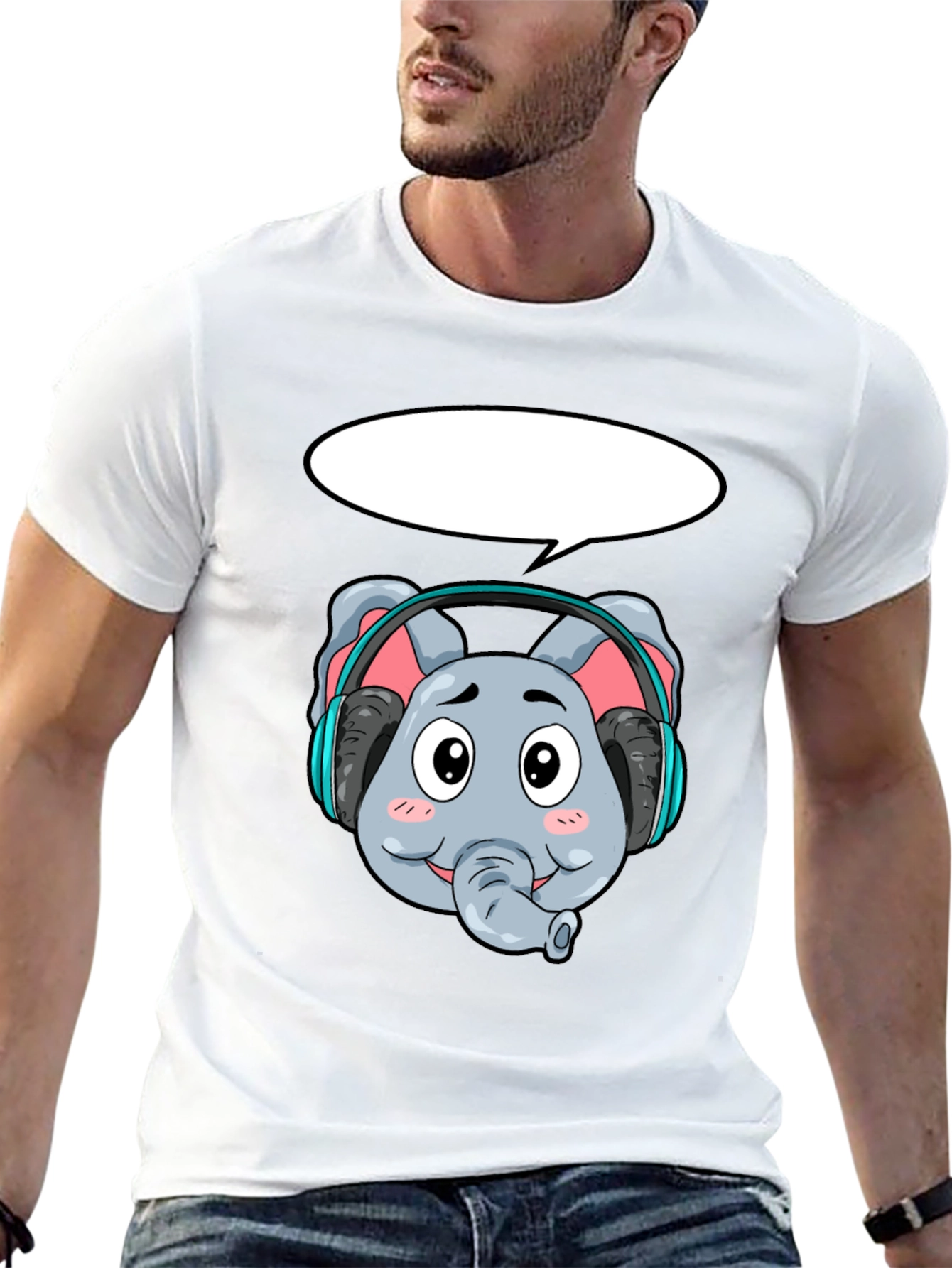 Cartoon Elephant Headphones Black T-Shirt