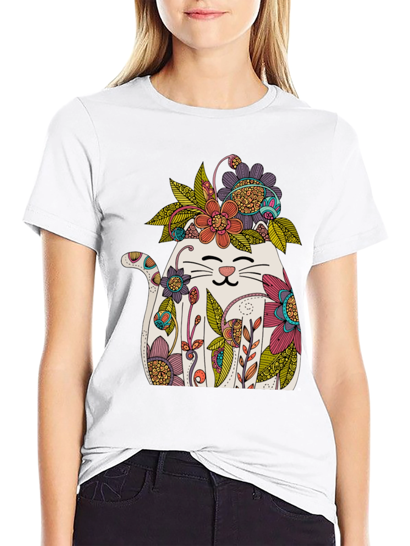 Floral Cat Graphic T-Shirt - Whimsical Mens Tee