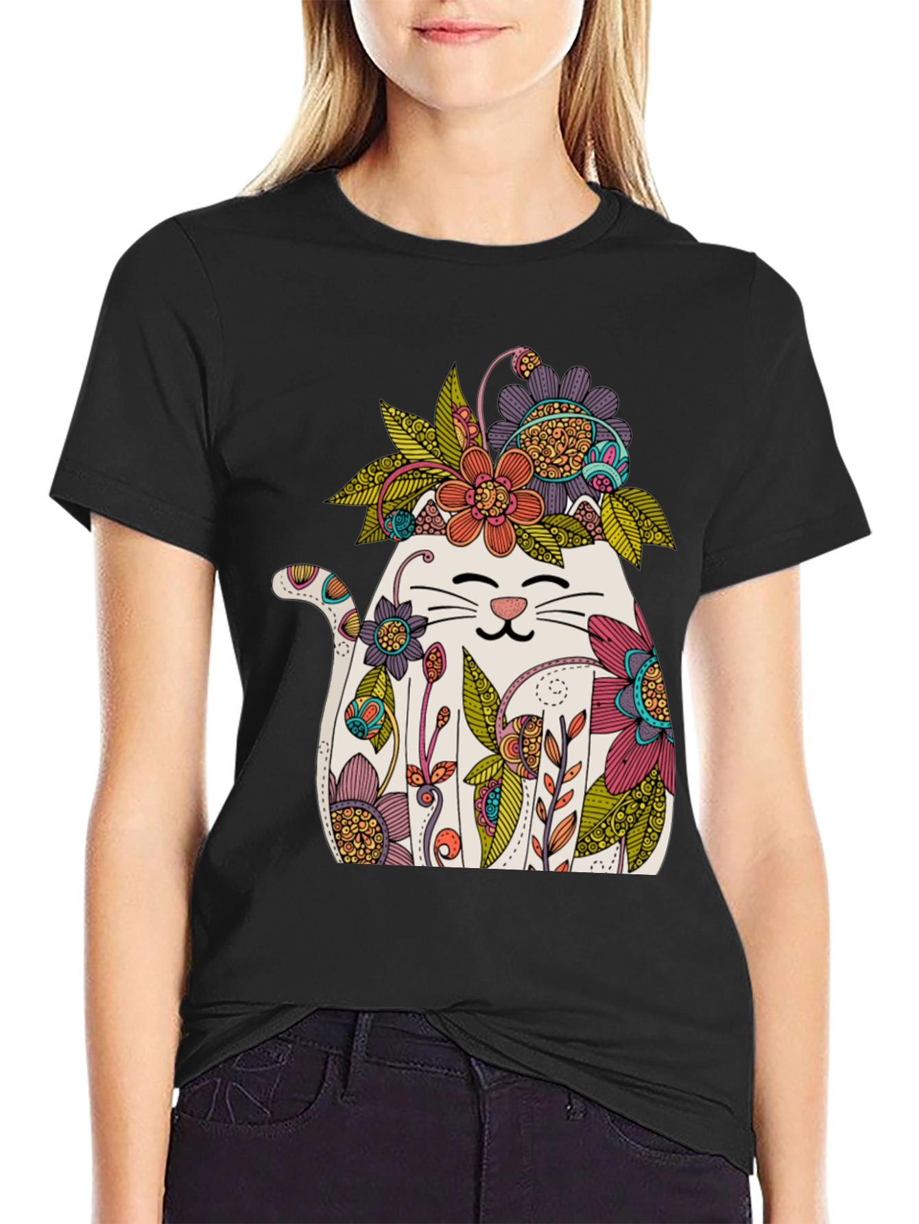 Floral Cat Graphic T-Shirt - Whimsical Mens Tee