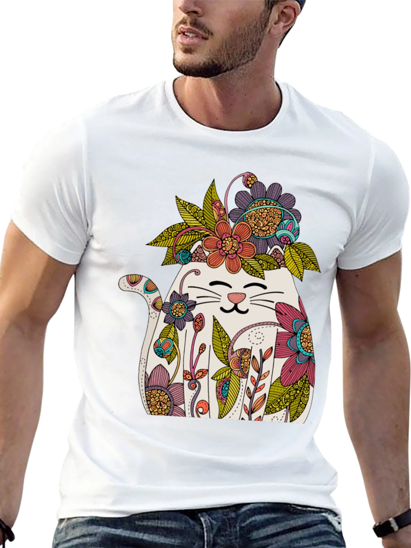 Floral Cat Graphic T-Shirt - Whimsical Mens Tee