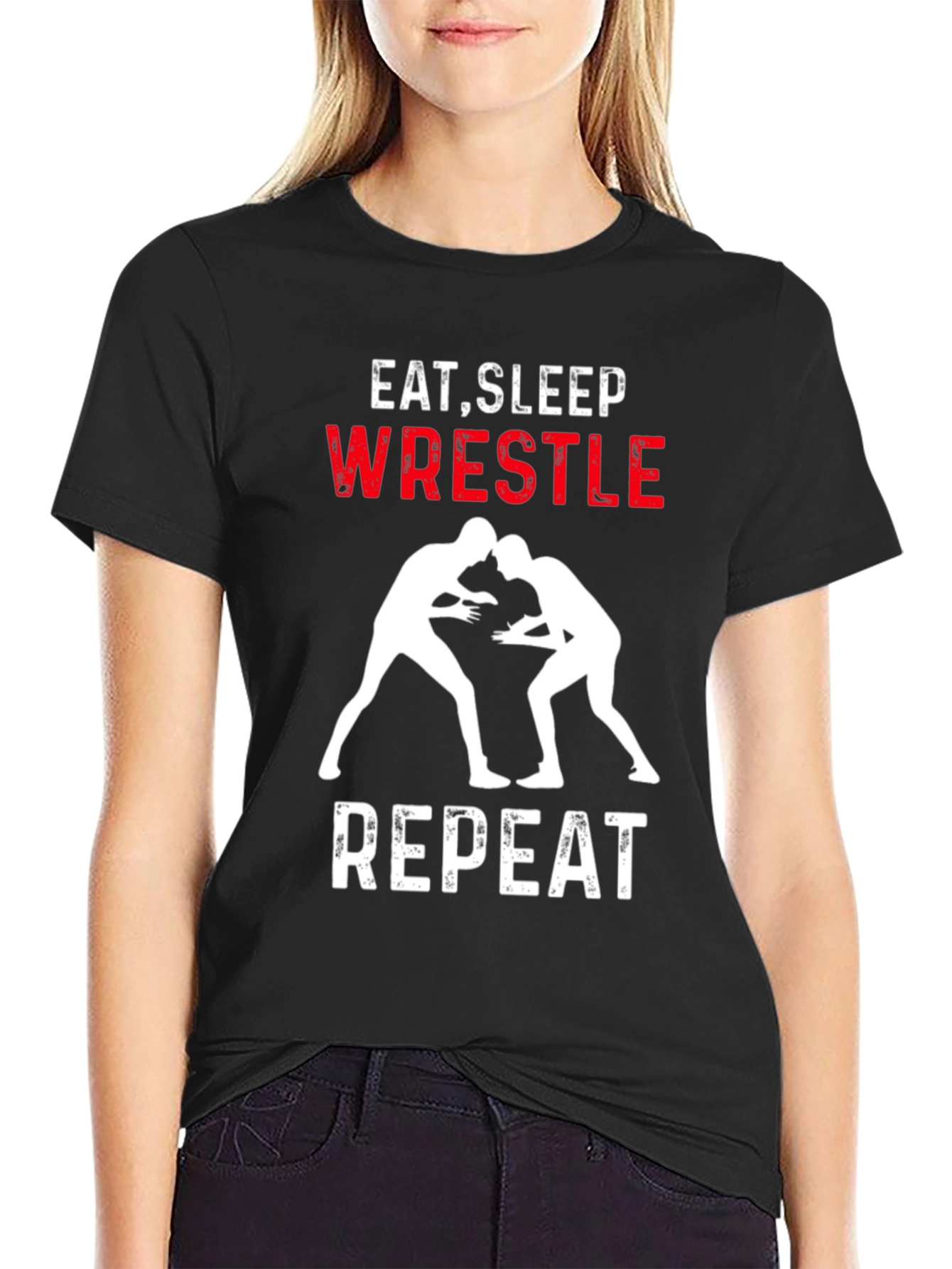 Eat Sleep Wrestle Repeat Black Graphic Tee
