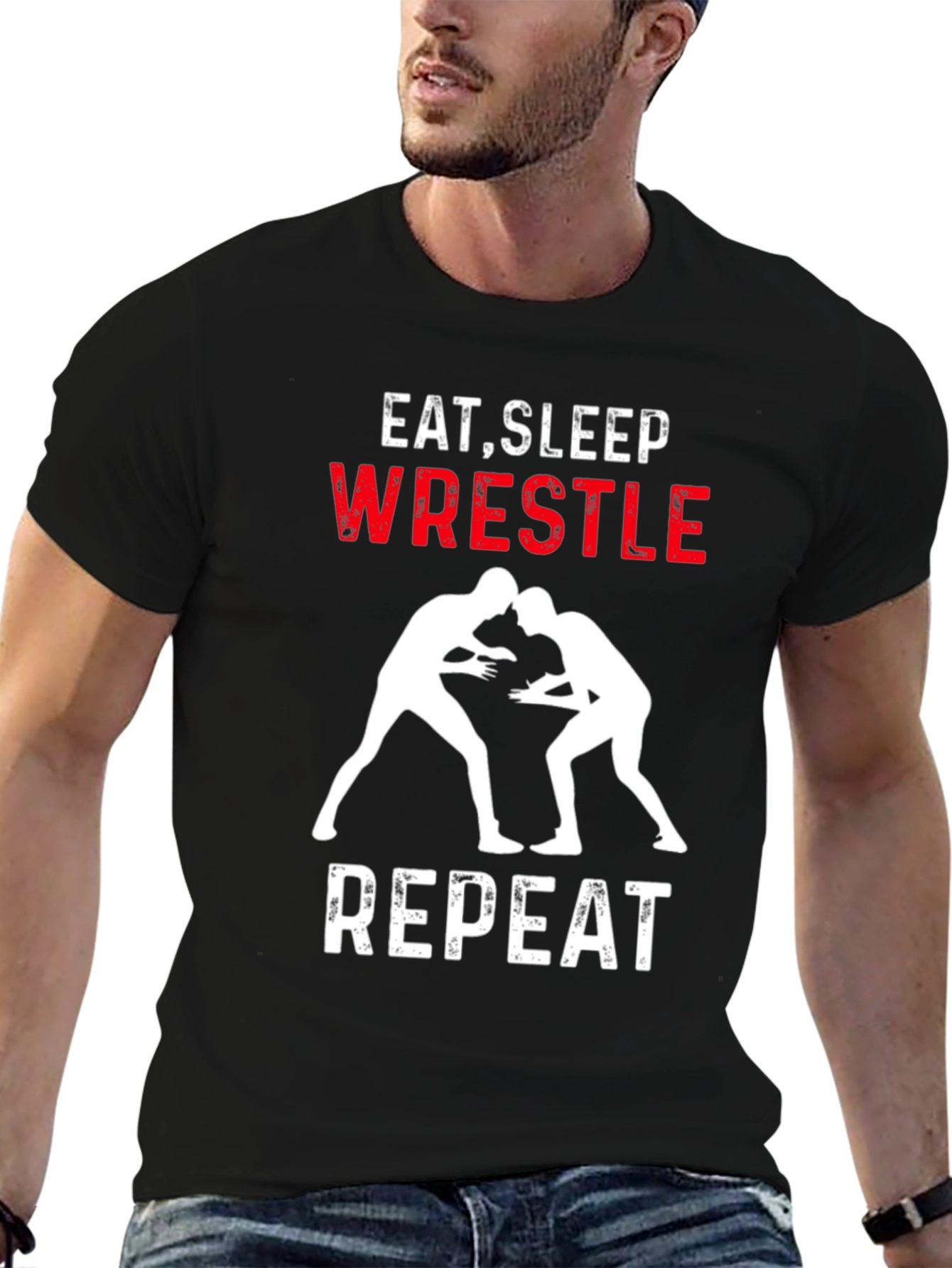 Eat Sleep Wrestle Repeat Black Graphic Tee