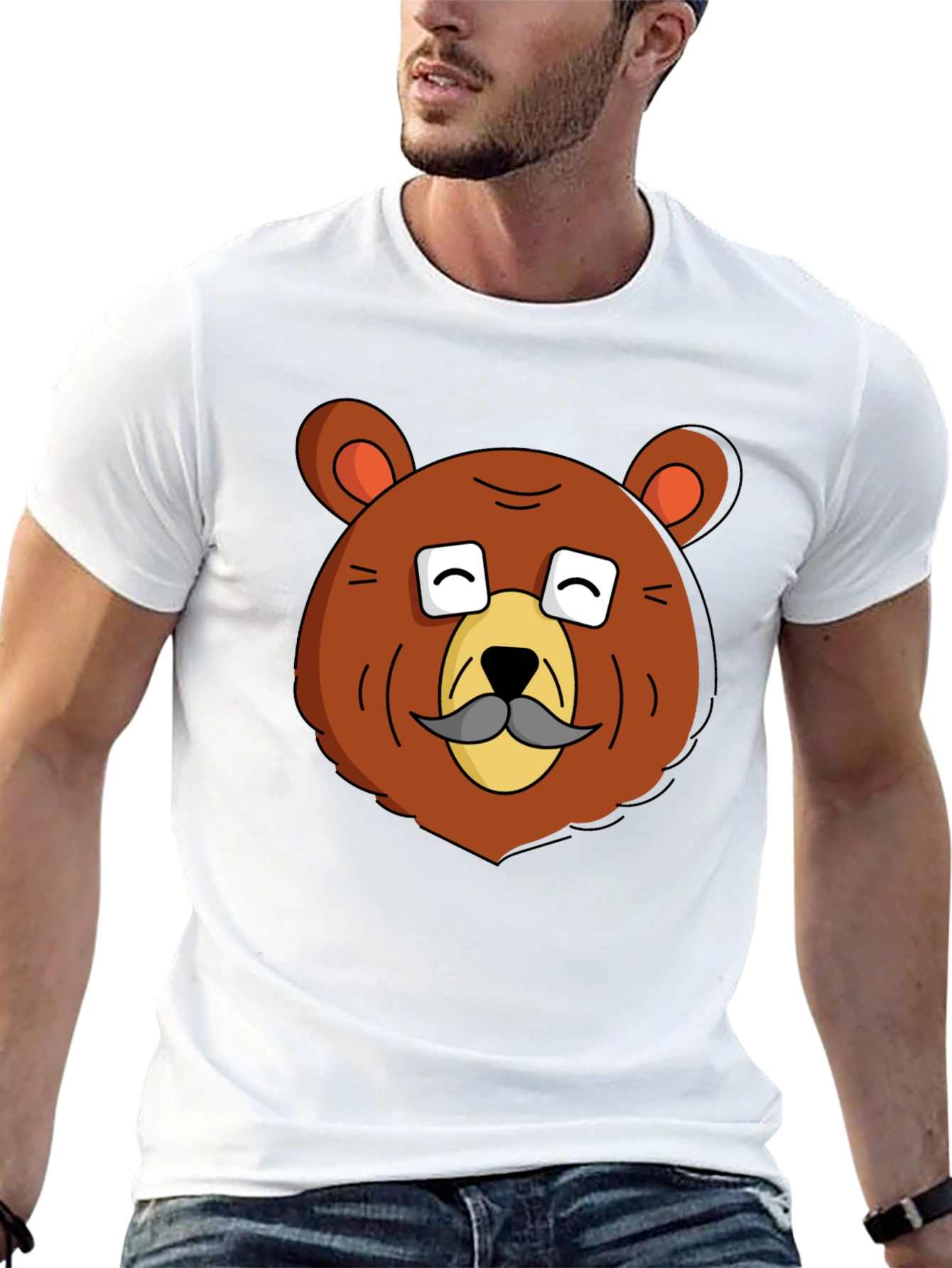 Funny Bear with Mustache Graphic T-Shirt