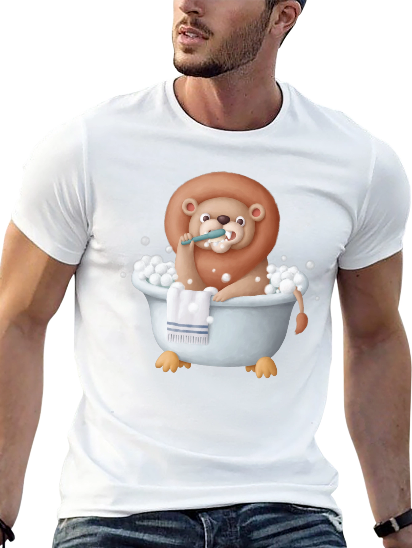 Funny Lion in Bathtub Graphic T-Shirt