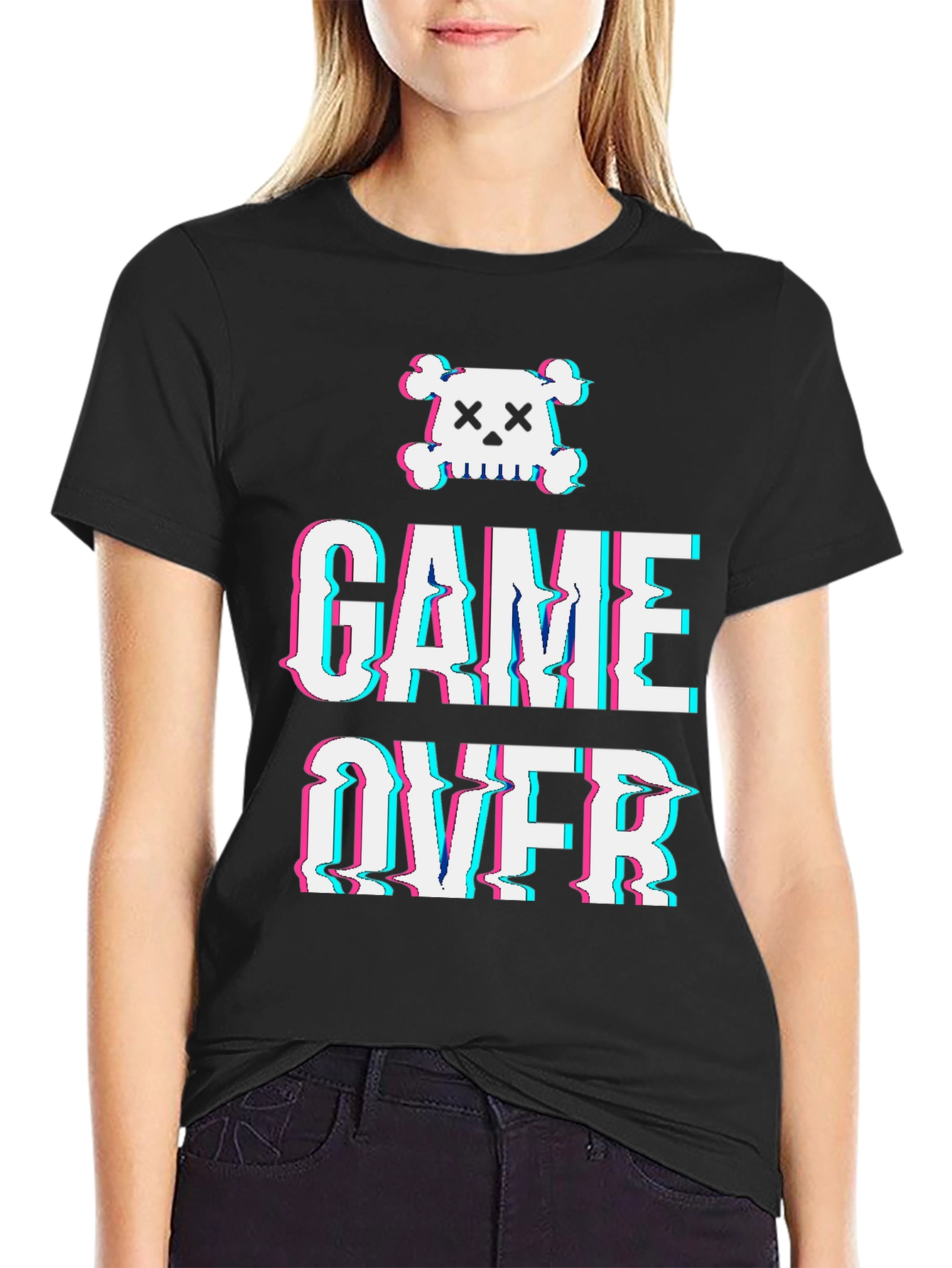 Game Over Skull Graphic Tee - Black