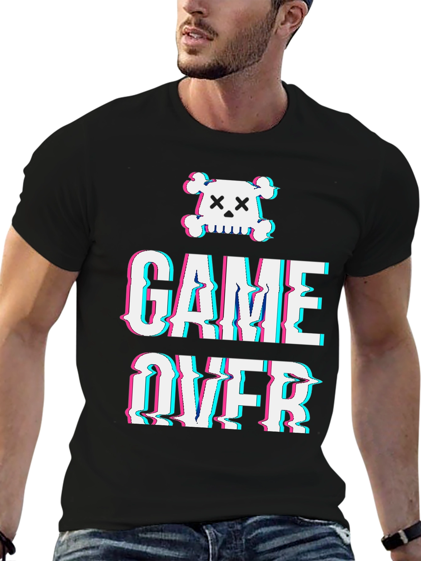 Game Over Skull Graphic Tee - Black