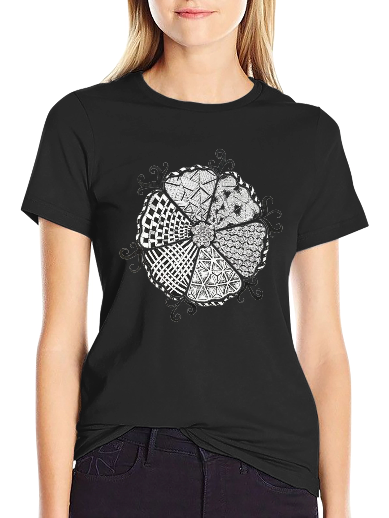 Abstract Floral Pattern Black T-Shirt