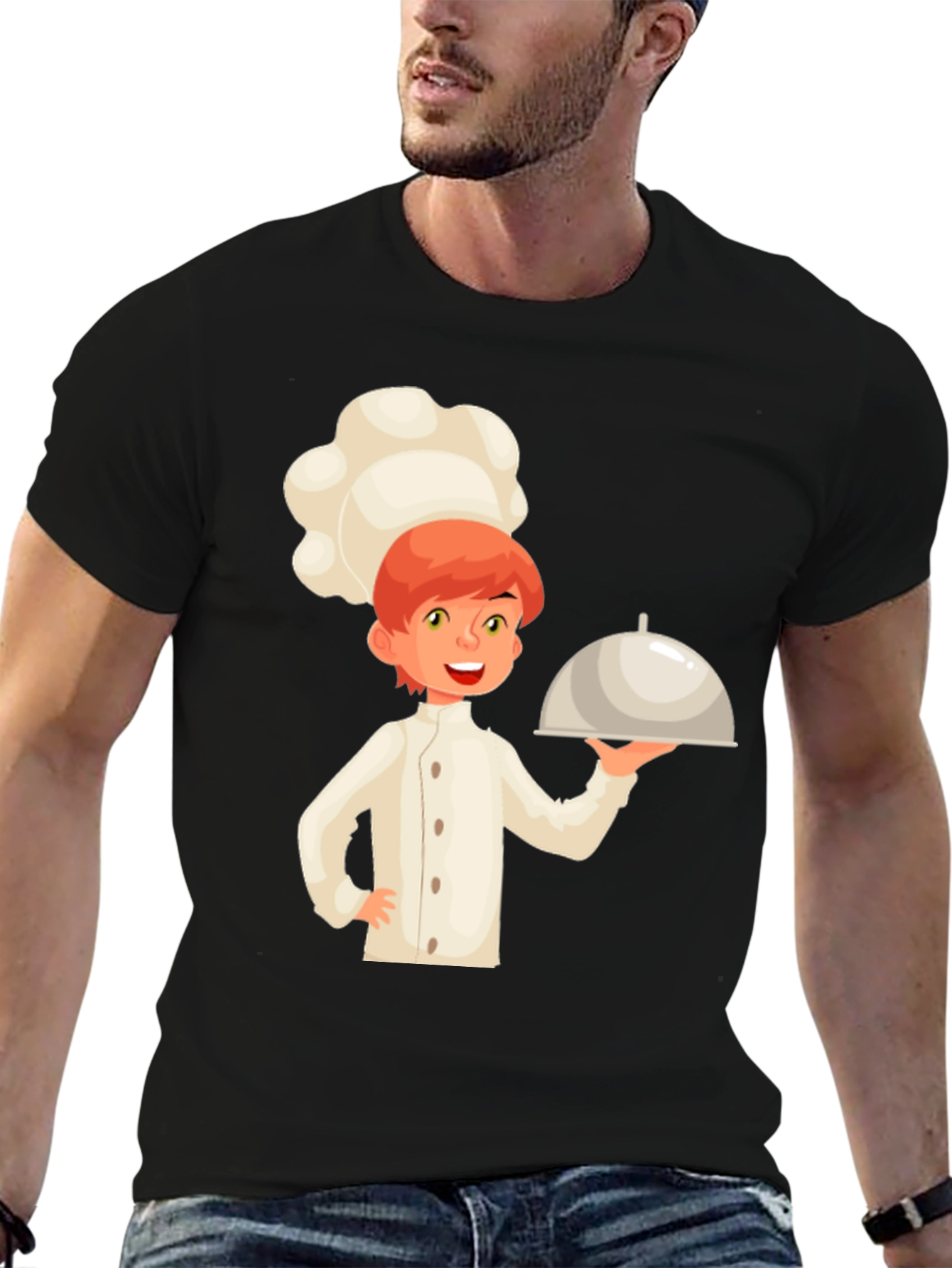 Chef Cartoon Graphic Tee - Black Cotton Casual T-Shirt