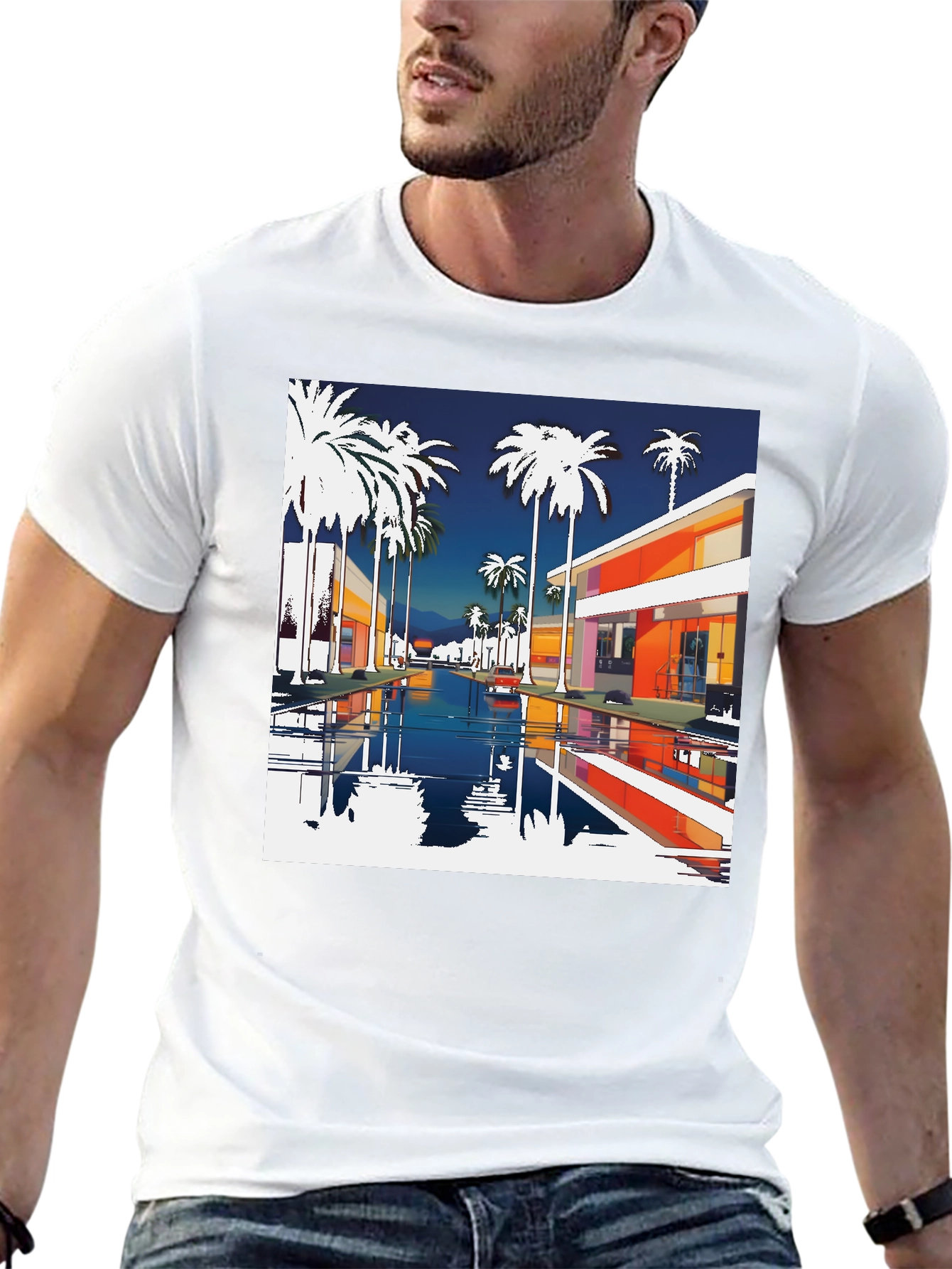 Retro Palm Springs Graphic Tee - Black Cotton T-Shirt