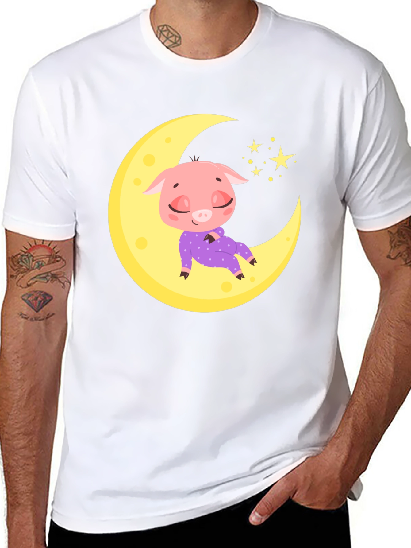 Cute Pig on Moon Black T-Shirt
