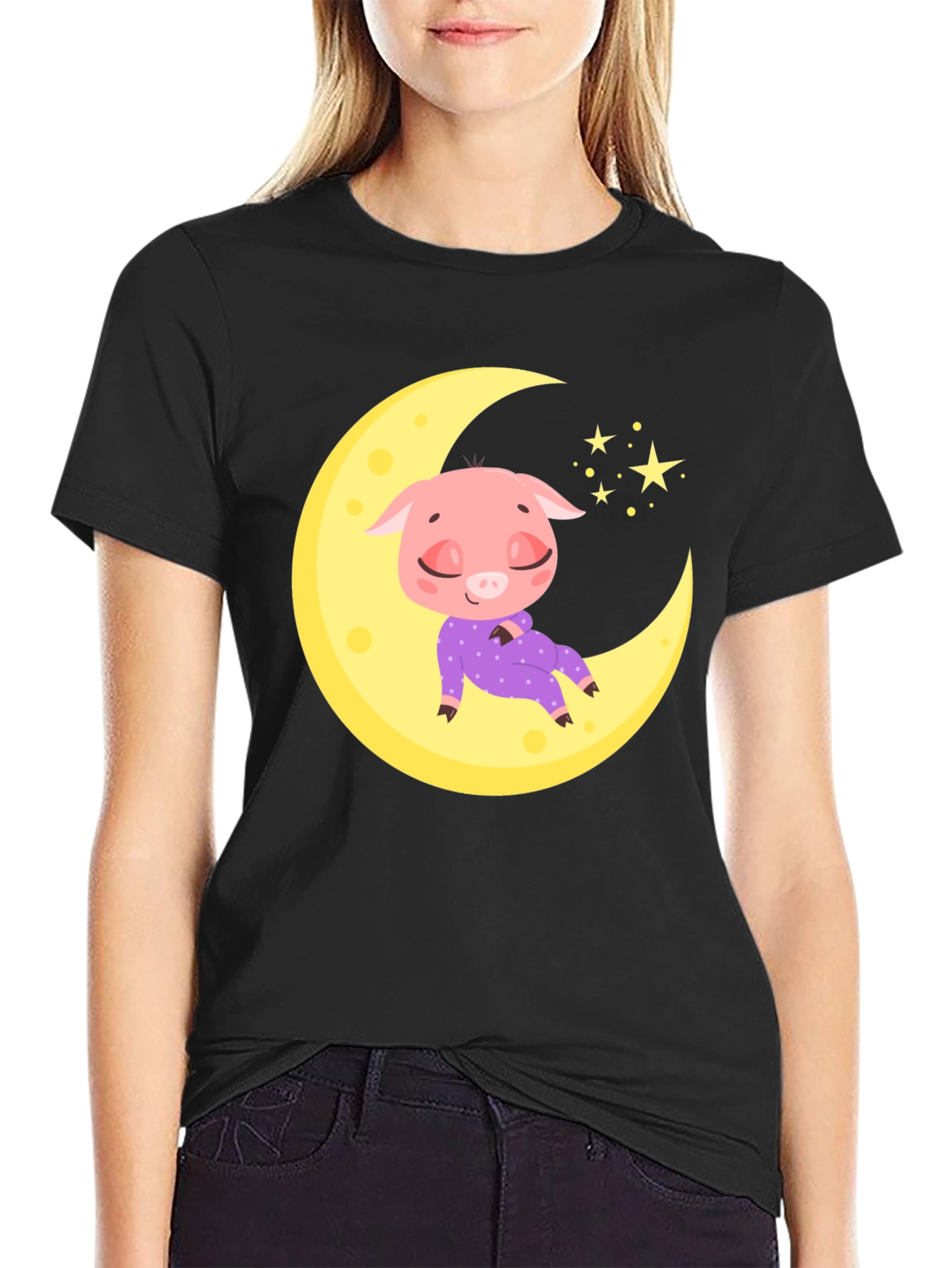Cute Pig on Moon Black T-Shirt