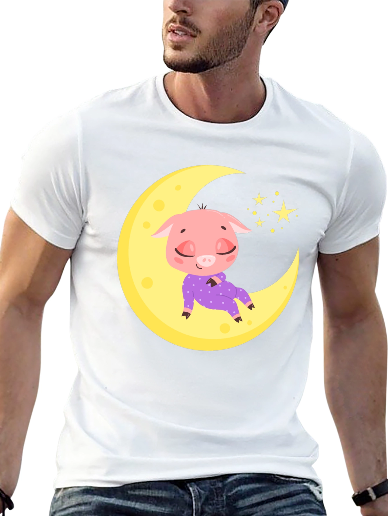 Cute Pig on Moon Black T-Shirt