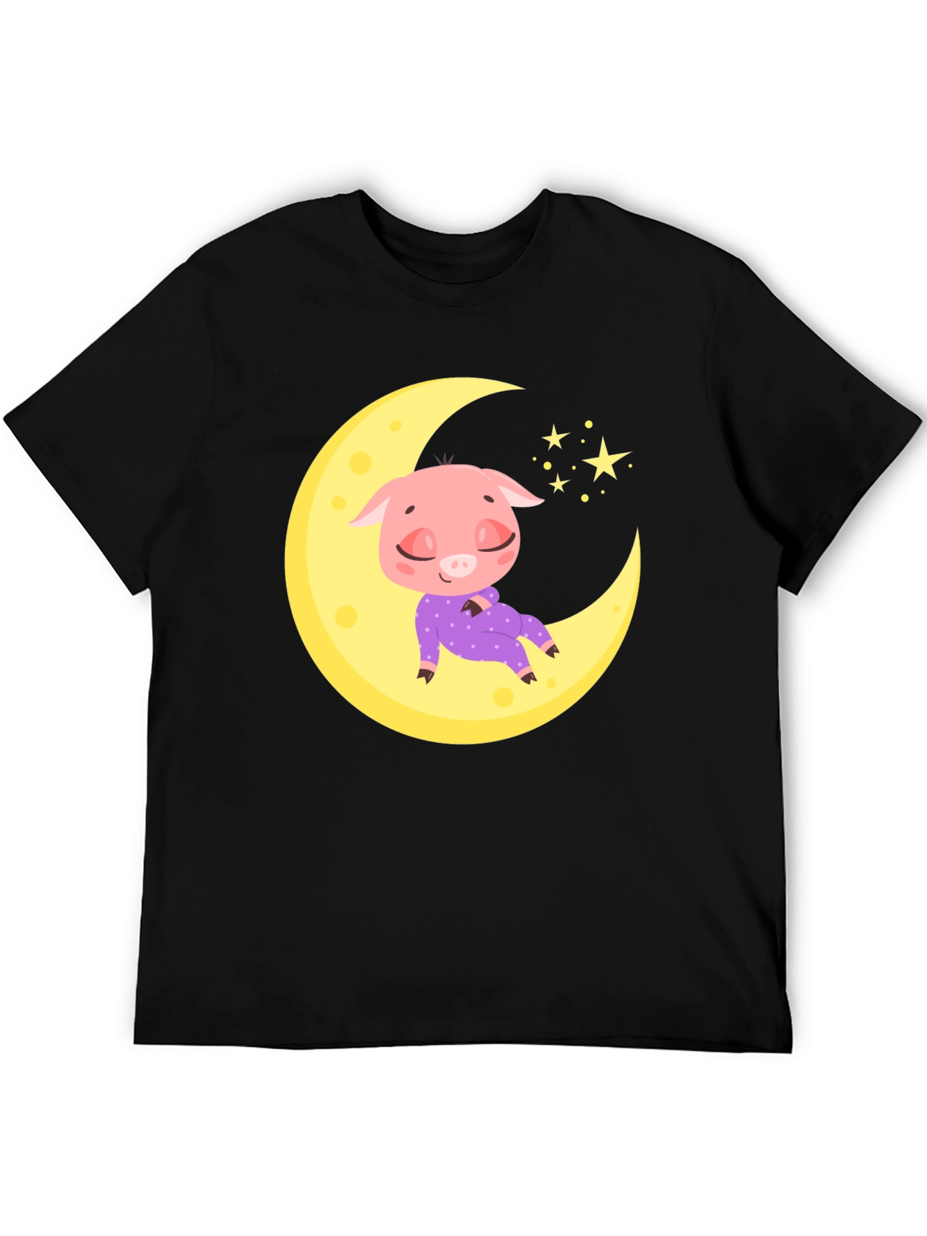 Cute Pig on Moon Black T-Shirt