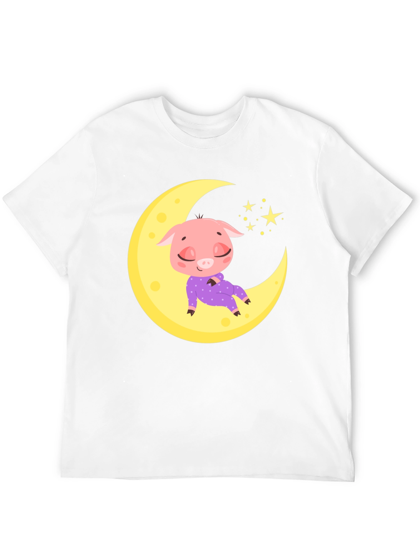 Cute Pig on Moon Black T-Shirt