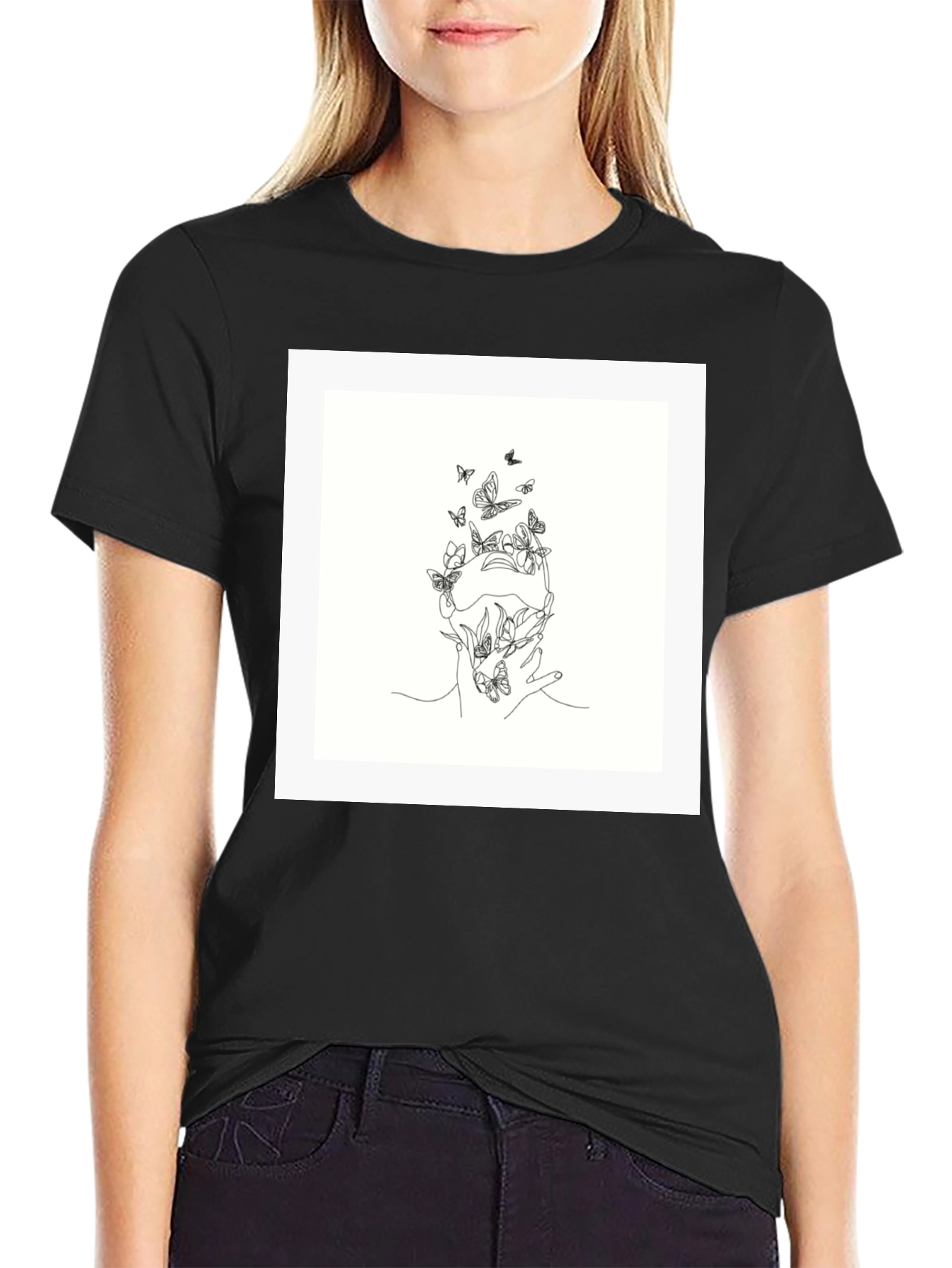 Butterfly Line Art Black Tee