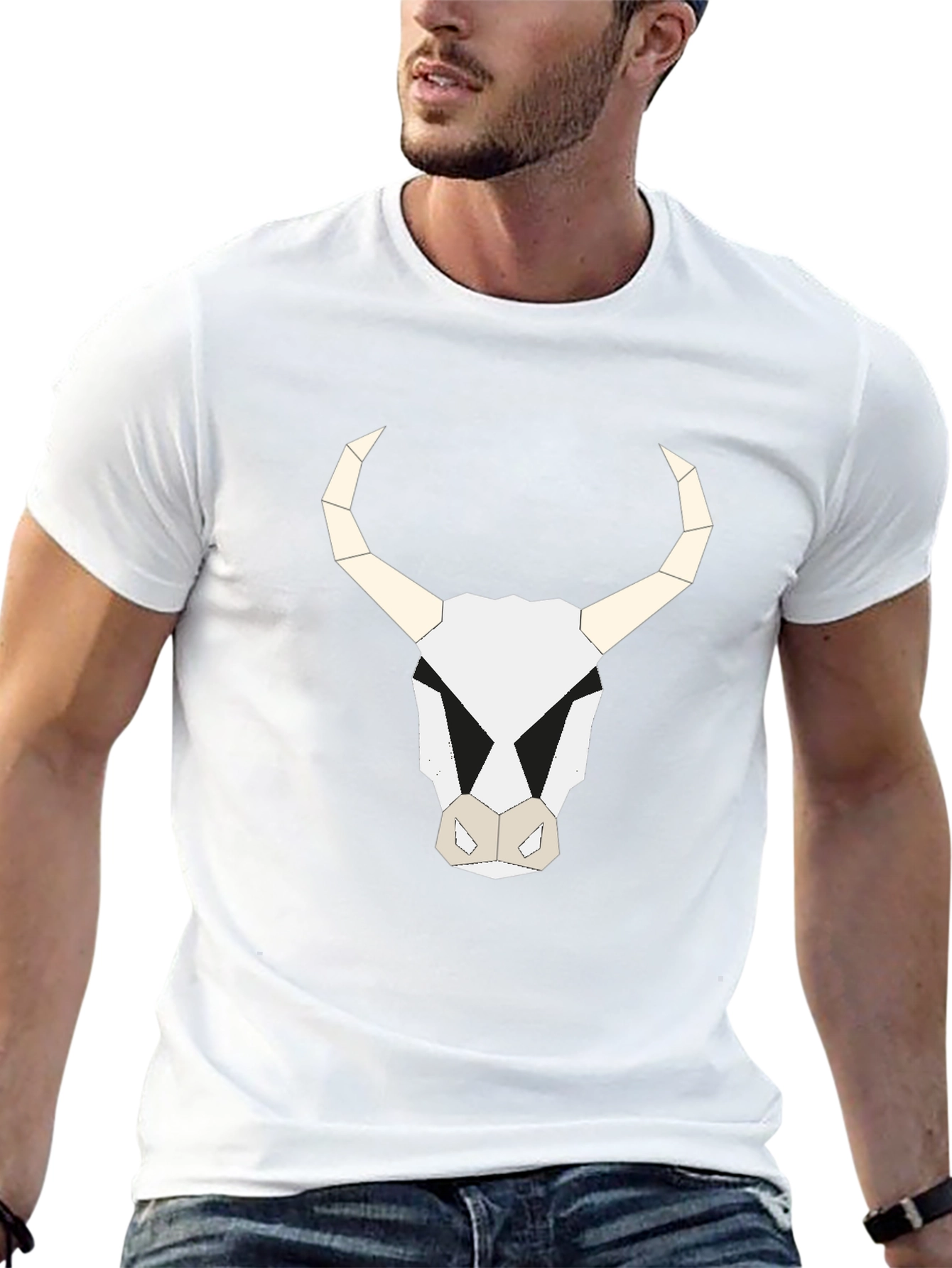 Geometric Bull Skull Graphic Tee - Black