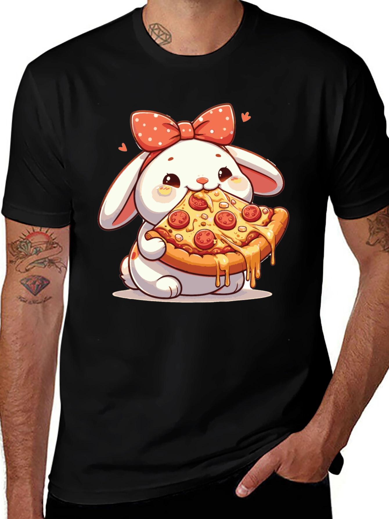 Cute Bunny Pizza Lover Black T-Shirt