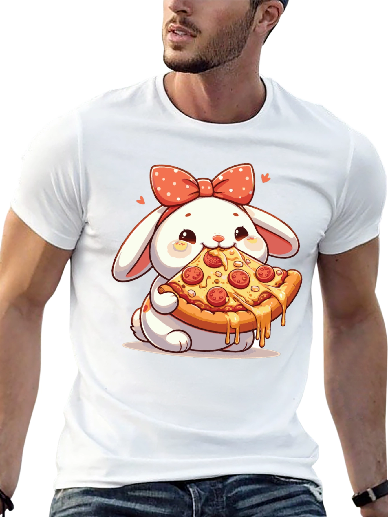 Cute Bunny Pizza Lover Black T-Shirt