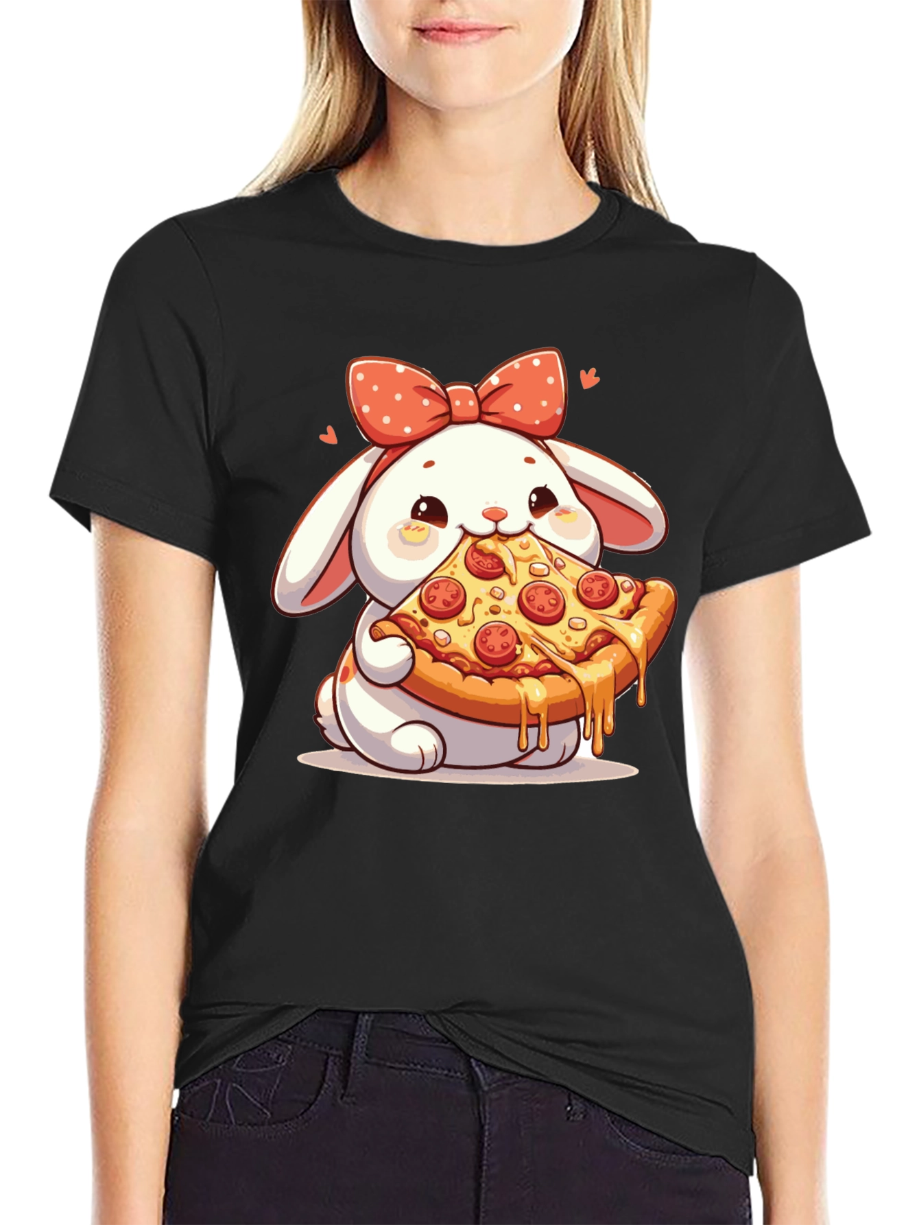 Cute Bunny Pizza Lover Black T-Shirt