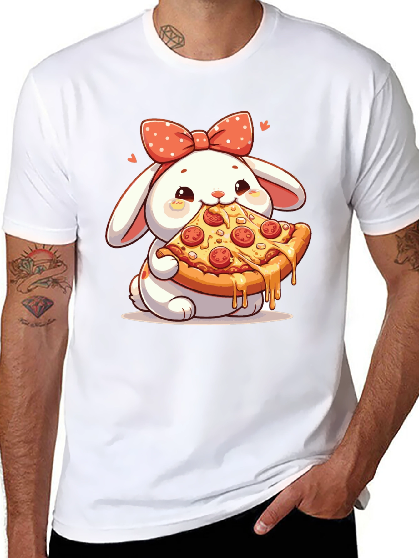 Cute Bunny Pizza Lover Black T-Shirt