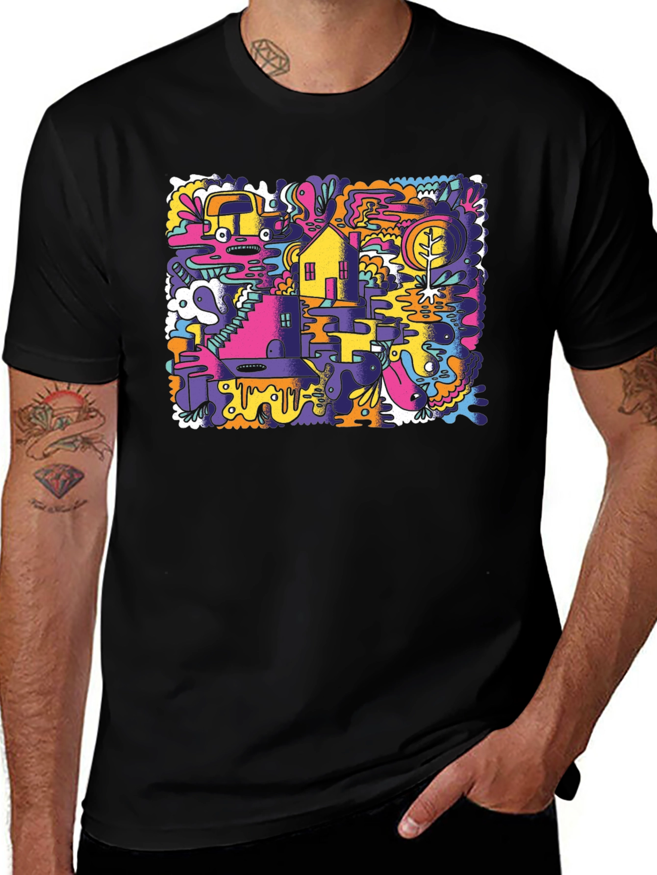 Abstract Doodle Graphic Tee - Black Cotton T-Shirt