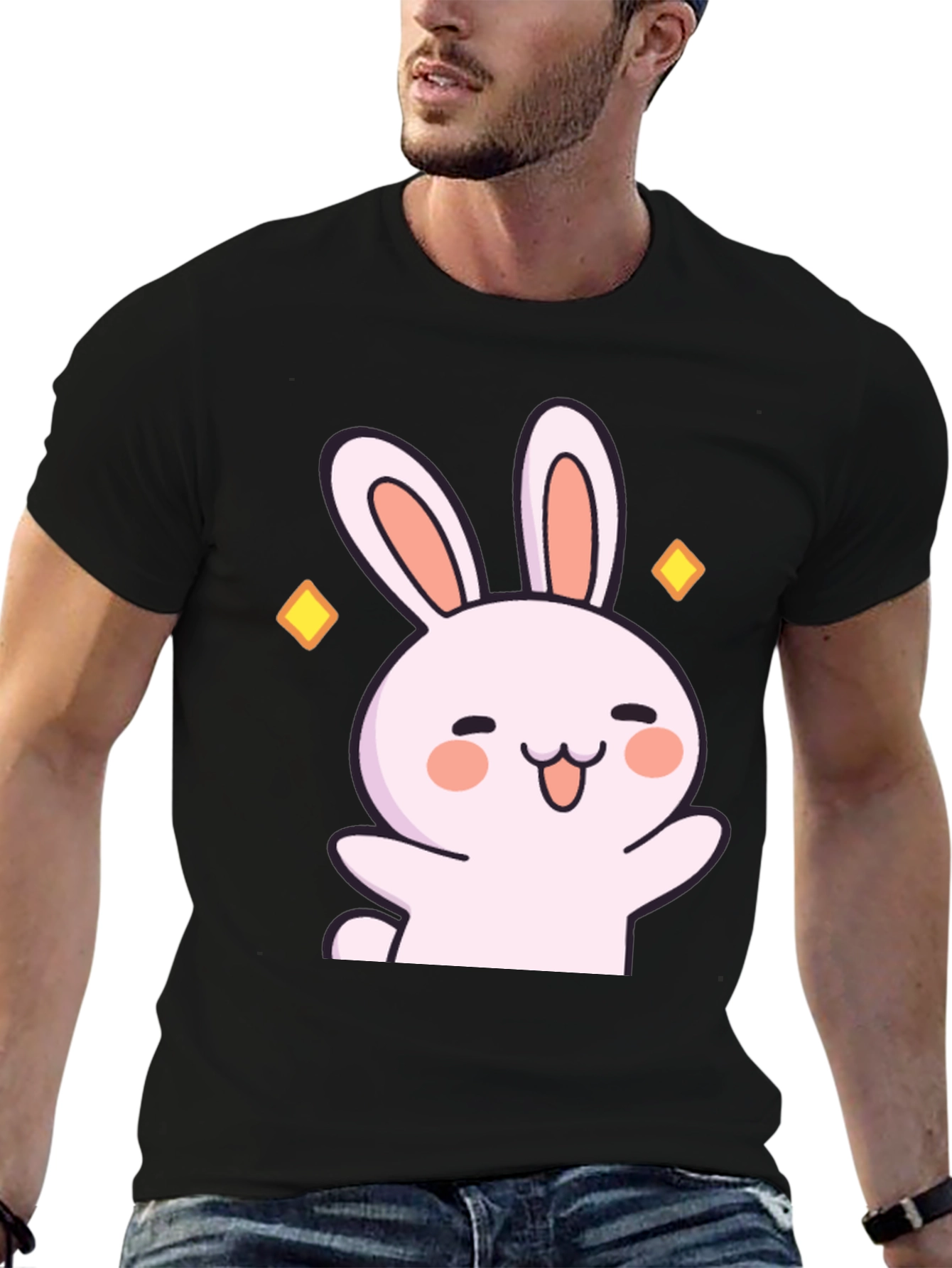 Cute Cartoon Bunny Graphic Black T-Shirt