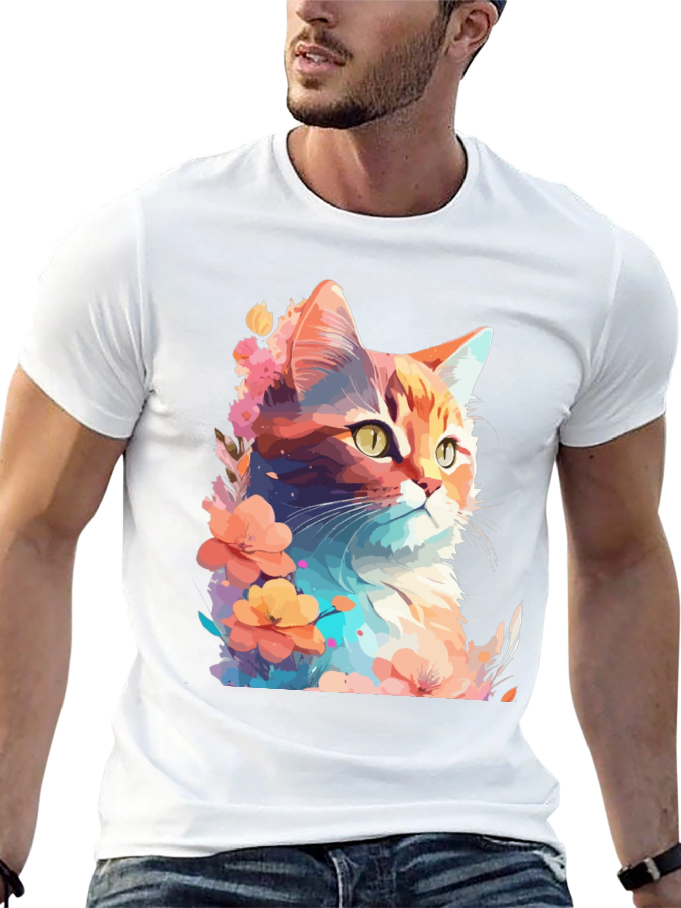 Floral Cat Graphic T-Shirt - Stylish Mens Tee