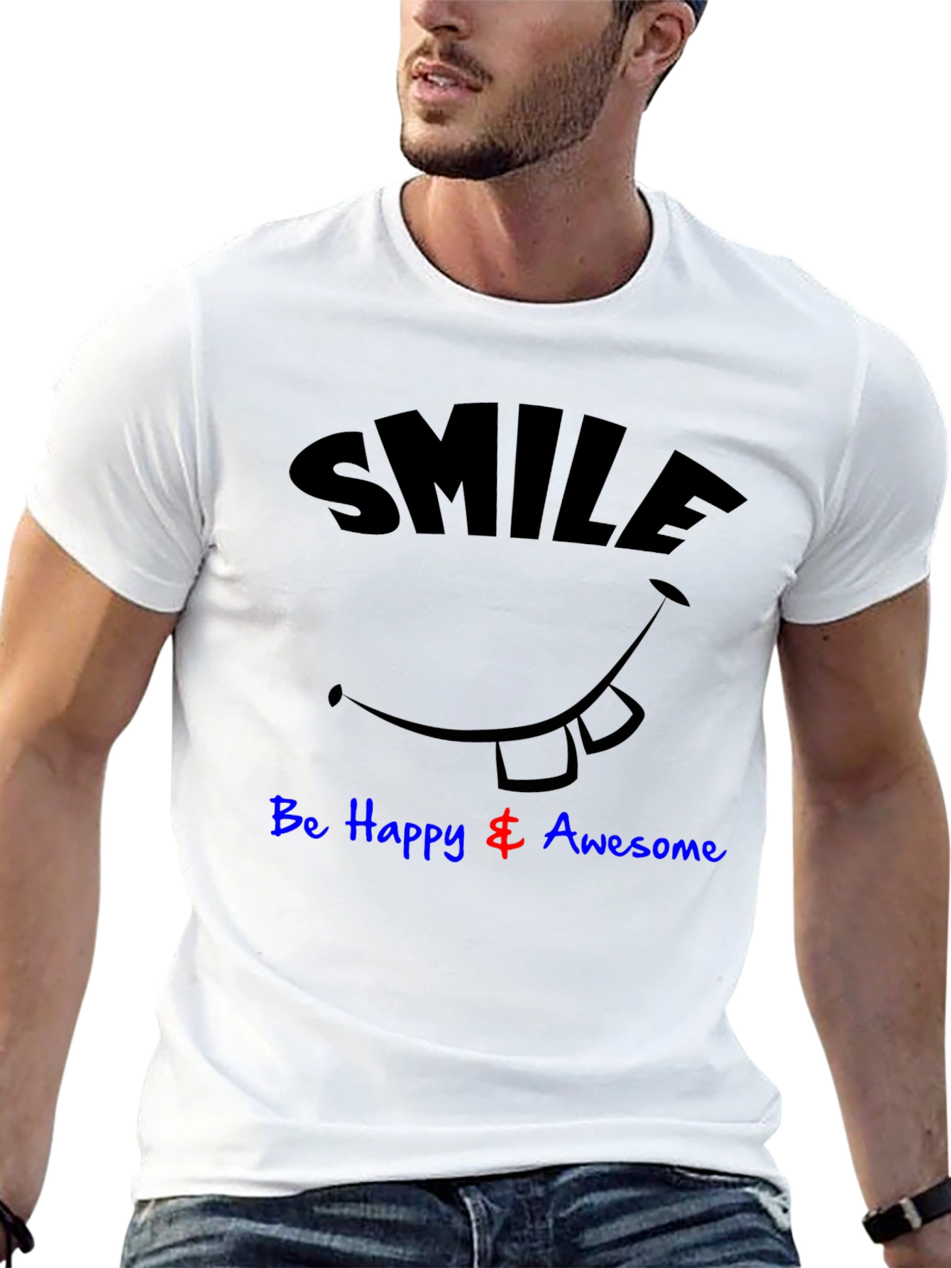 Smile Be Happy & Awesome Black Graphic T-Shirt