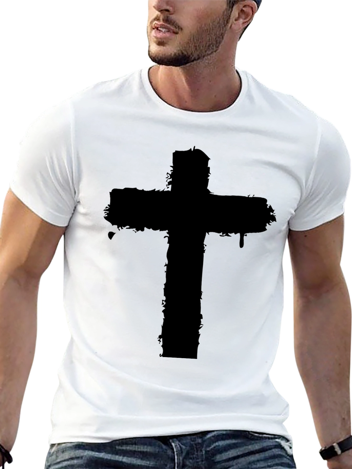 Distressed Cross Graphic Black T-Shirt