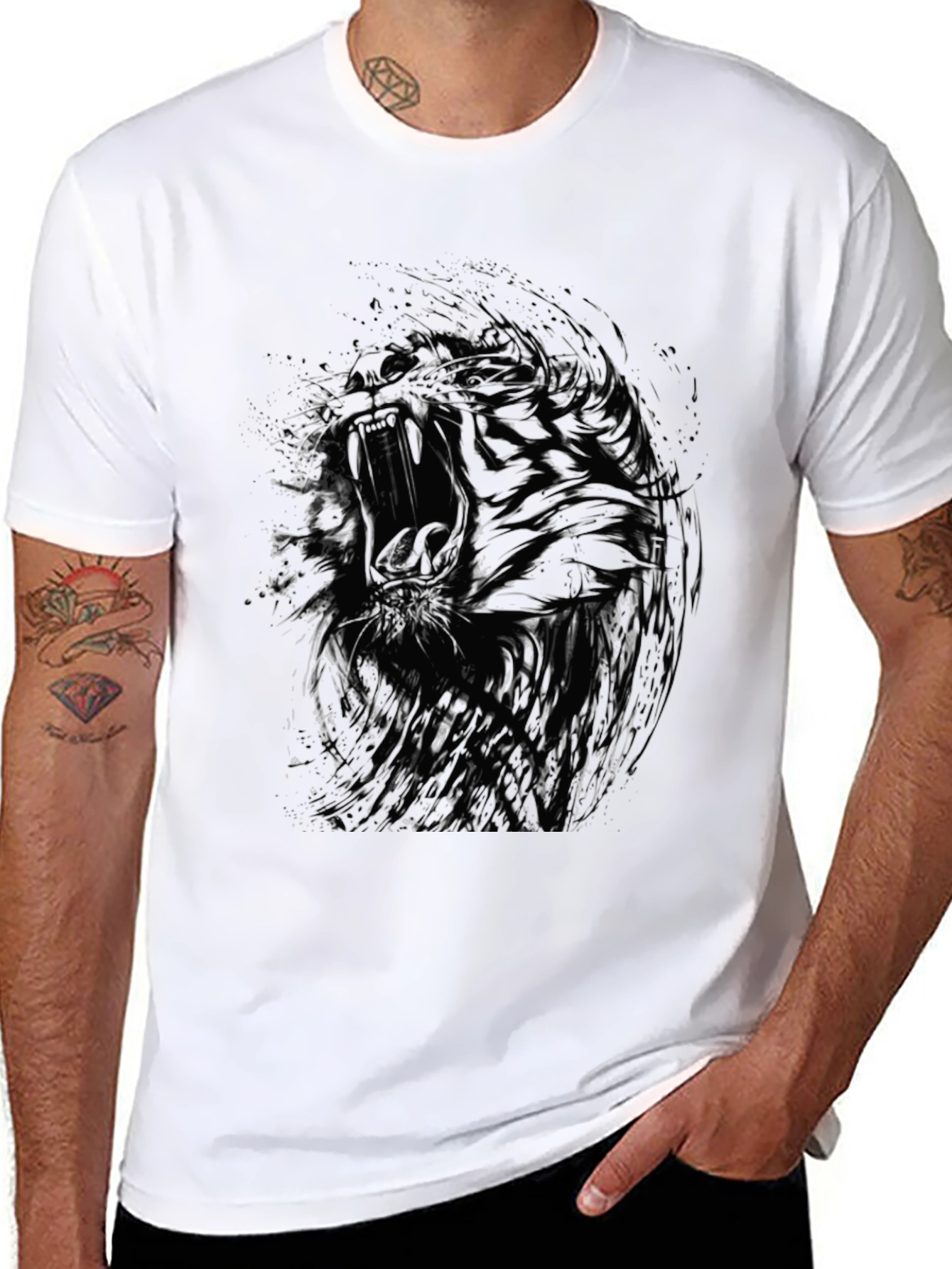 Abstract Tiger Graphic Black Crew Neck T-Shirt