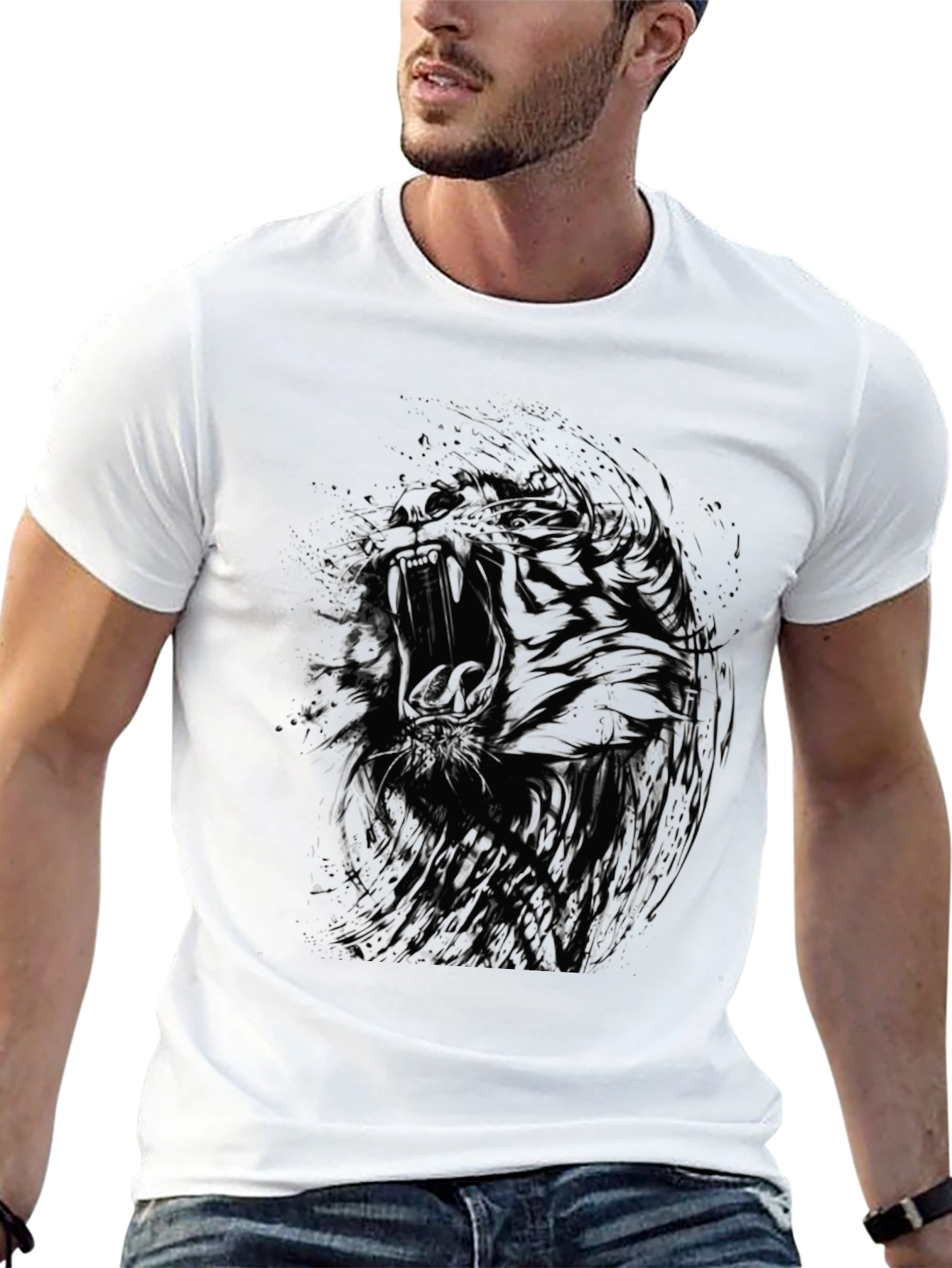 Abstract Tiger Graphic Black Crew Neck T-Shirt