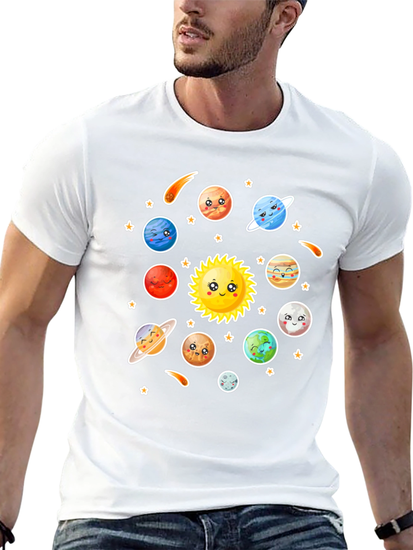 Cartoon Solar System Graphic Black T-Shirt