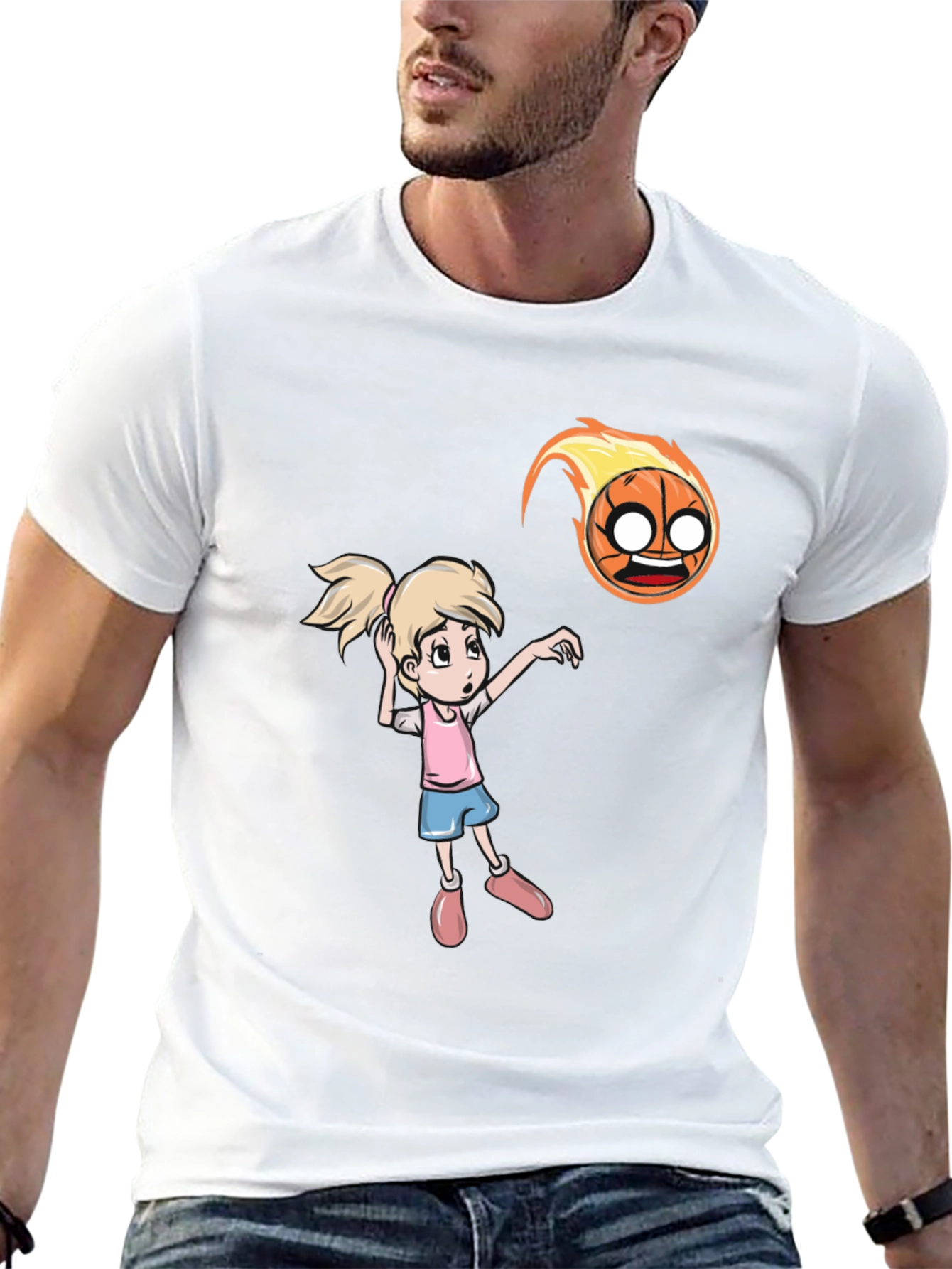 Cartoon Girl vs Flaming Basketball T-Shirt