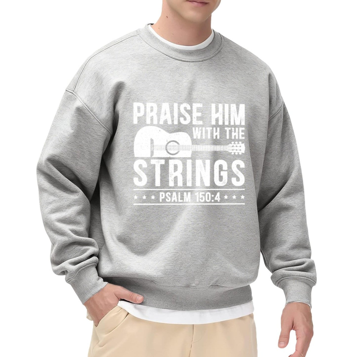 Black Crewneck Sweatshirt "Praise Him With The Strings" Guitar Graphic - Religious Music Statement Pullover for Men, Casual Oversized Long-Sleeve Top