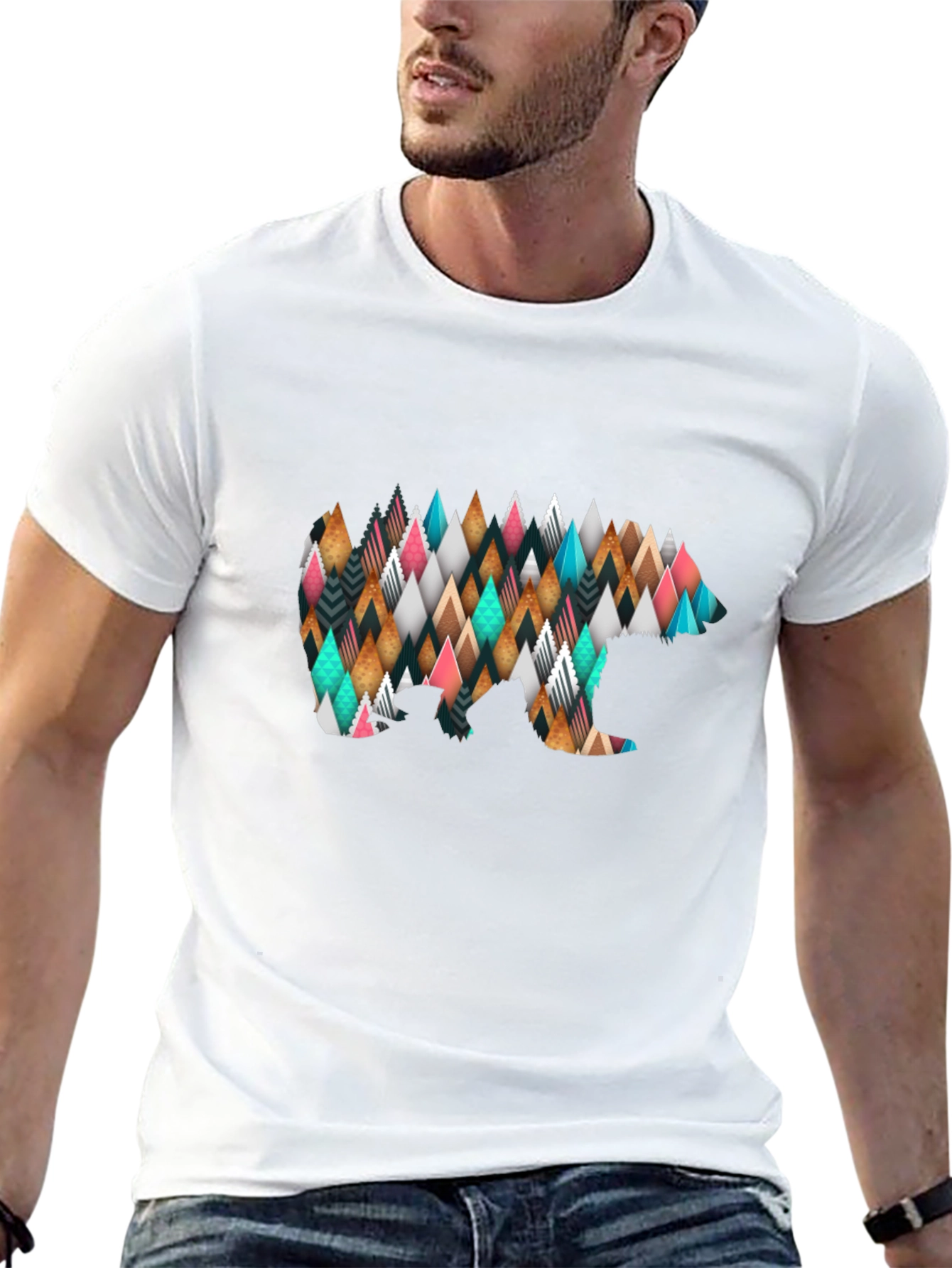 Geometric Bear Print Black T-Shirt