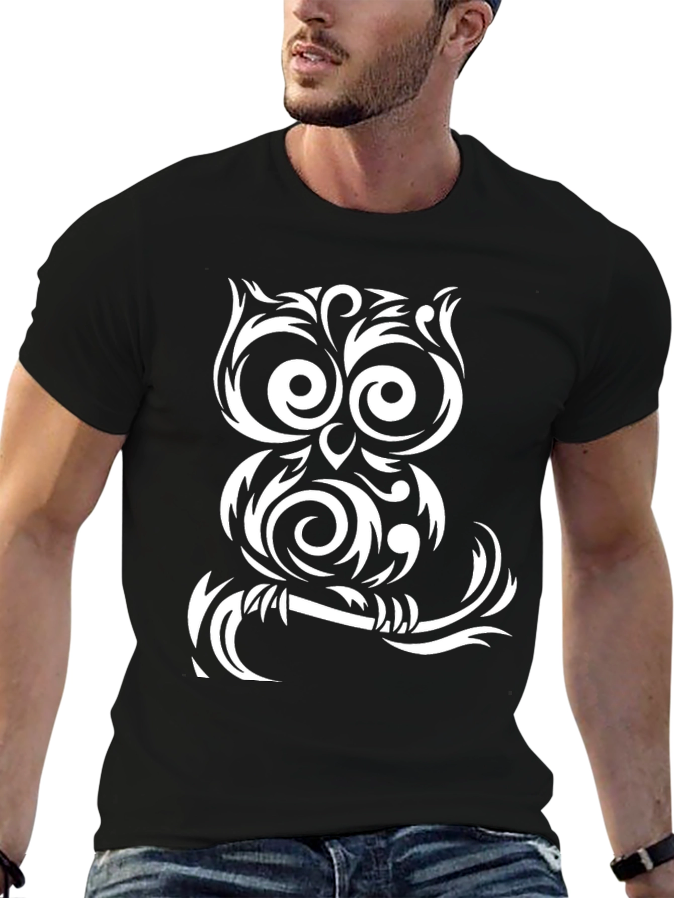 Tribal Owl Graphic T-Shirt - Black Cotton Tee