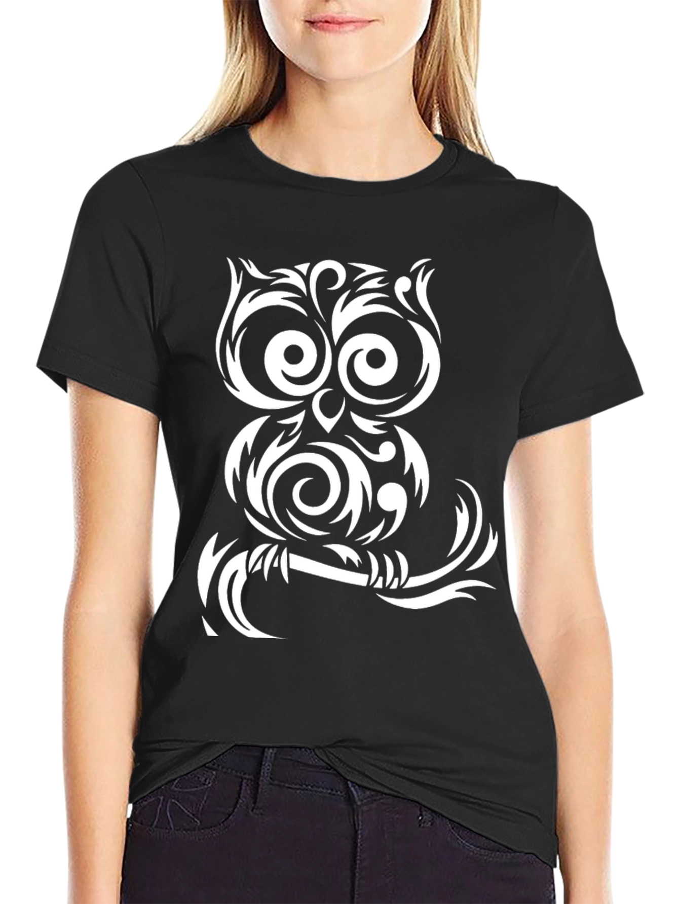 Tribal Owl Graphic T-Shirt - Black Cotton Tee