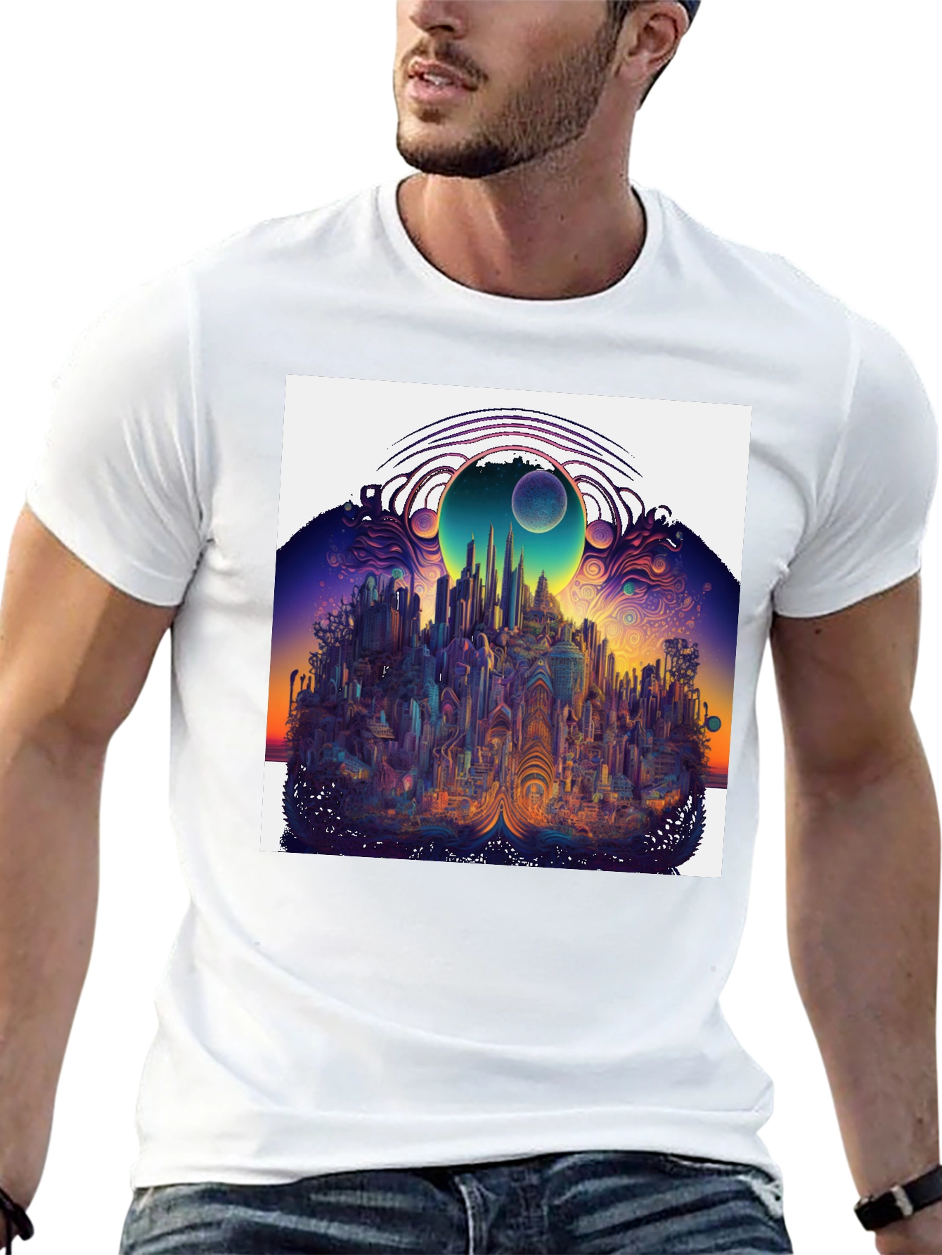Surreal Cityscape Graphic Tee - Unique Black T-Shirt