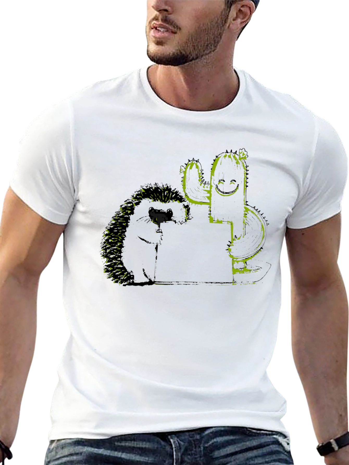 Hedgehog and Cactus Graphic Black T-Shirt