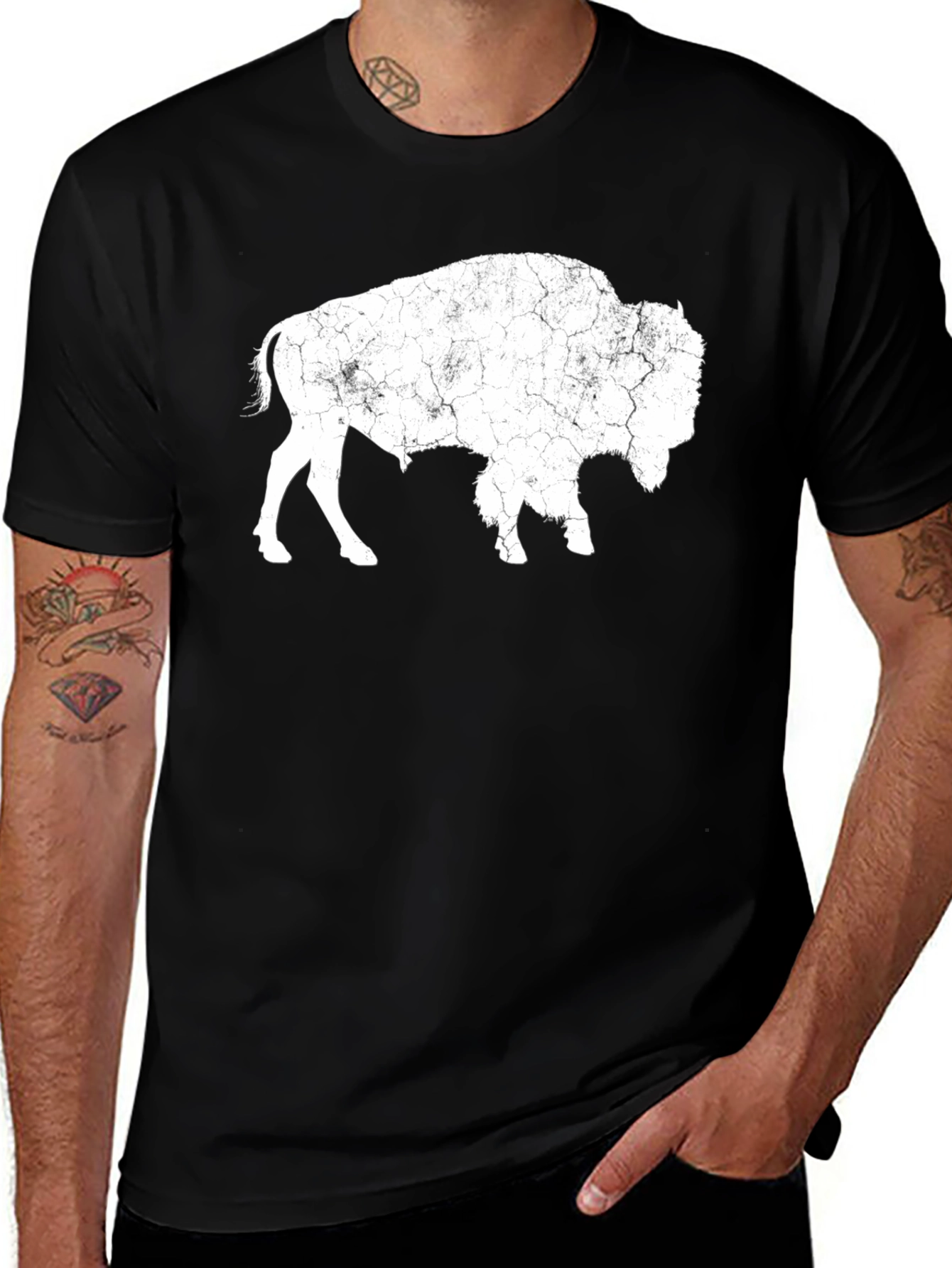 Distressed Buffalo Graphic Tee - Black Cotton T-Shirt